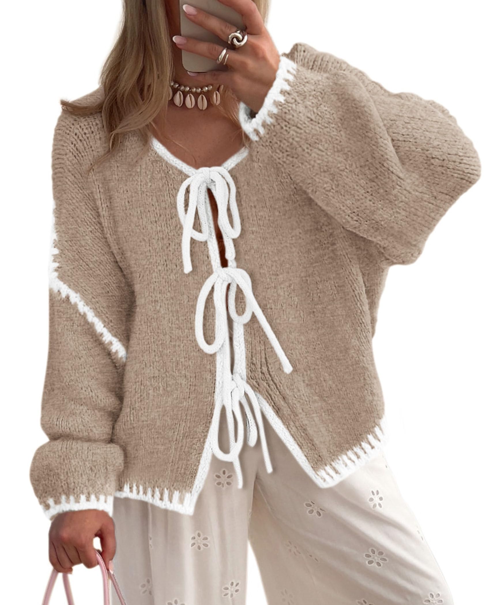 PRETTYGARDEN Women's Tie Front Bow Cardigan Sweaters Chunky Knit Long Puff Sleeve Trendy Fall Winter Jacket Coat