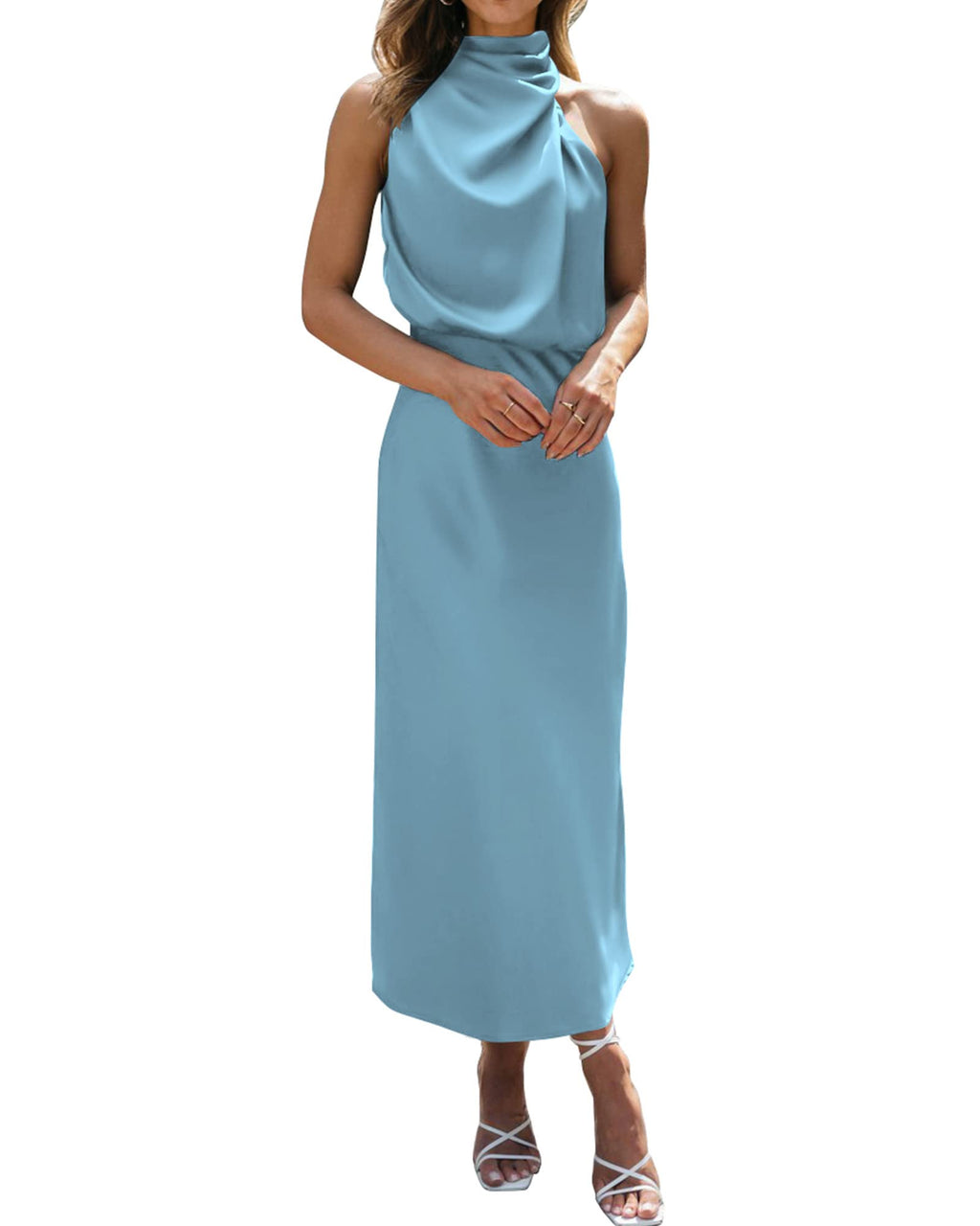 BTFBM Cocktail Dresses for Women Summer Satin Silk Sleeveless Mock Neck Maxi Wedding Guest Dress Spring Outfits