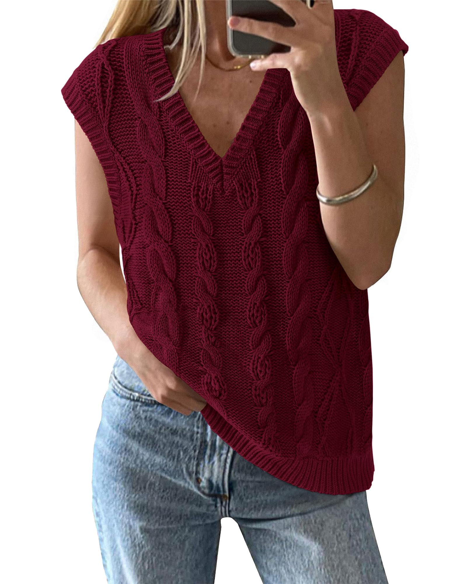 FreshPretty Sweater Vest Women Oversized V Neck Cable Knit Casual Pullover Sweaters Fall Outfits Sleeveless Tops
