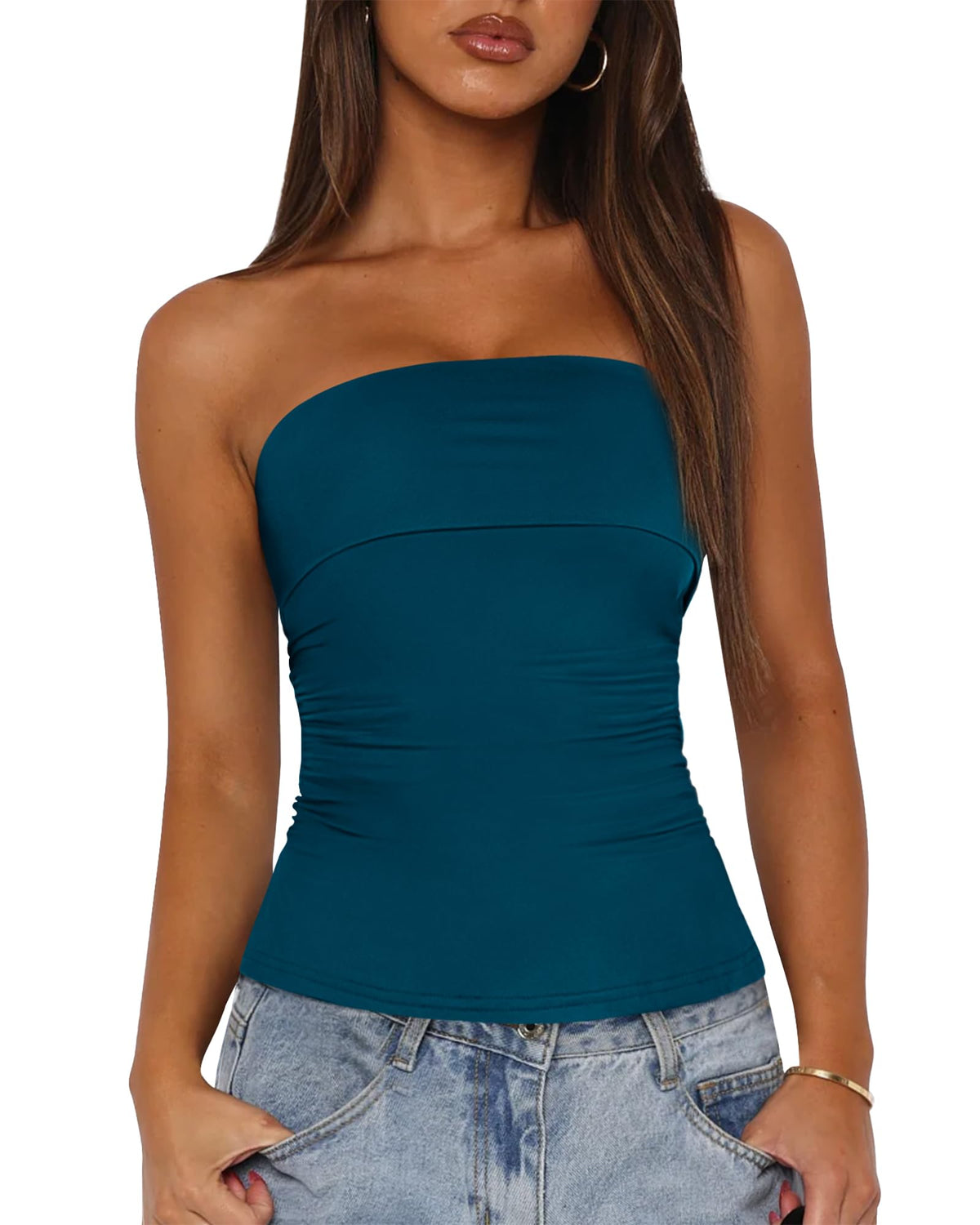 Womens Strapless Tube Tops Spring Summer Clothes Trendy Casual Ruched Stretchy Going Out Bodycon Bandeau Top