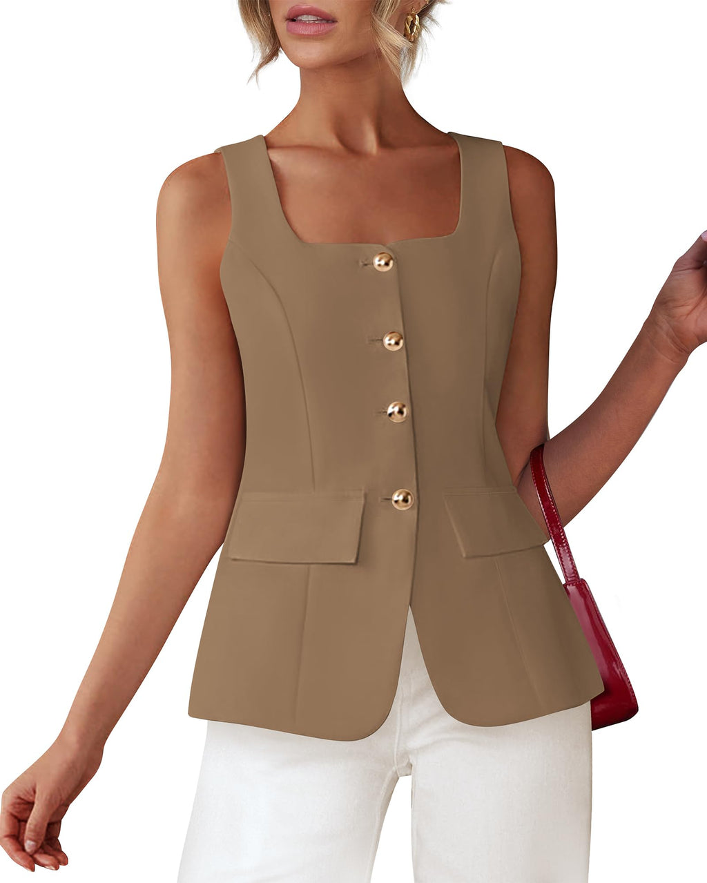 BTFBM Womens Sleeveless Suit Vests Dressy Casual Square Neck Business Work Waistcoat Spring Button Blazer Vest Tops