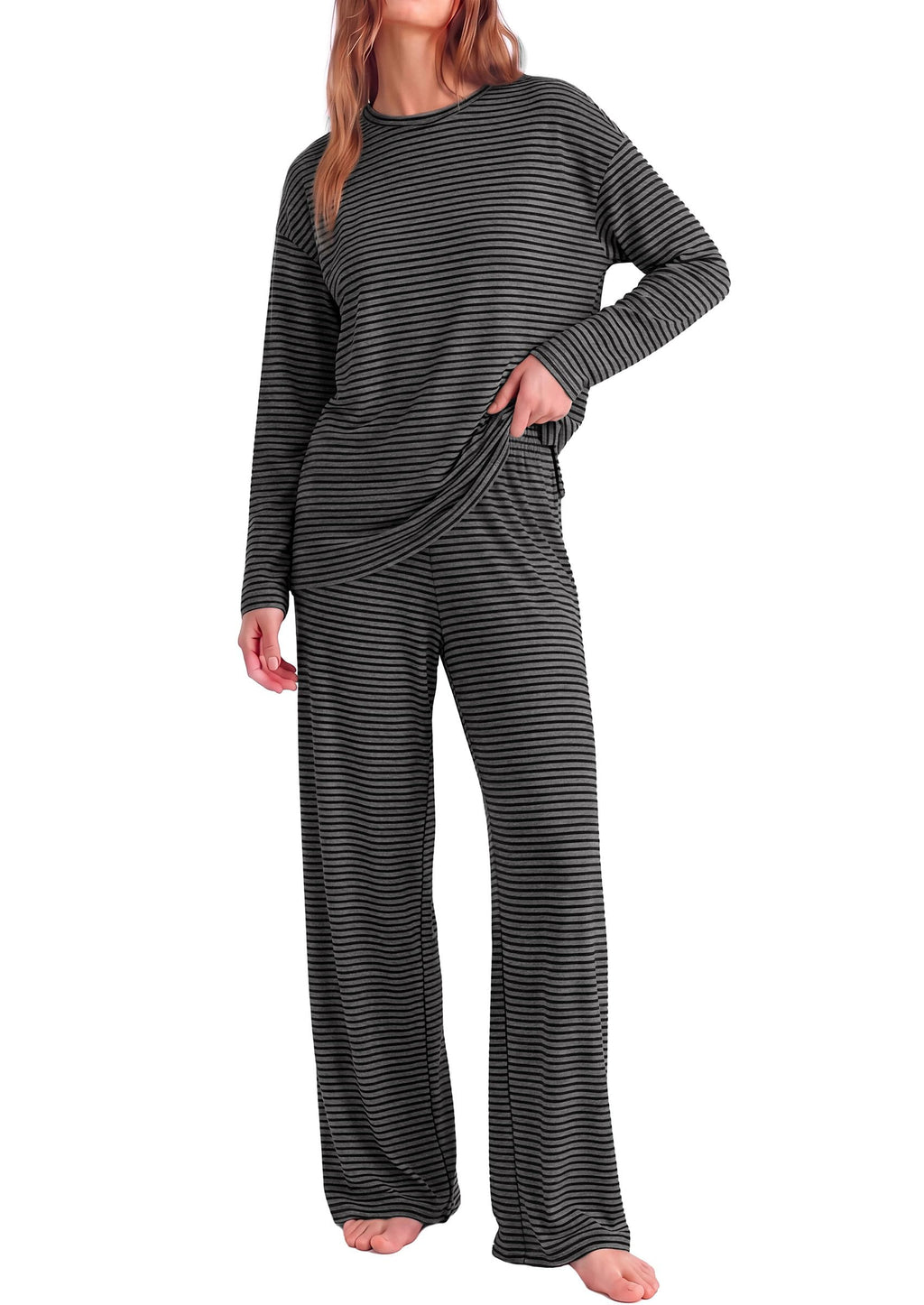 PRETTYGARDEN Womens Striped Lounge Set Fall Winter 2 Piece Sets Side Slit Long Sleeve T-Shirts & Wide Leg Pants, Matching Pajama Sets, Comfy Pj Set, Loungewear with Pockets, Fashion Clothes
