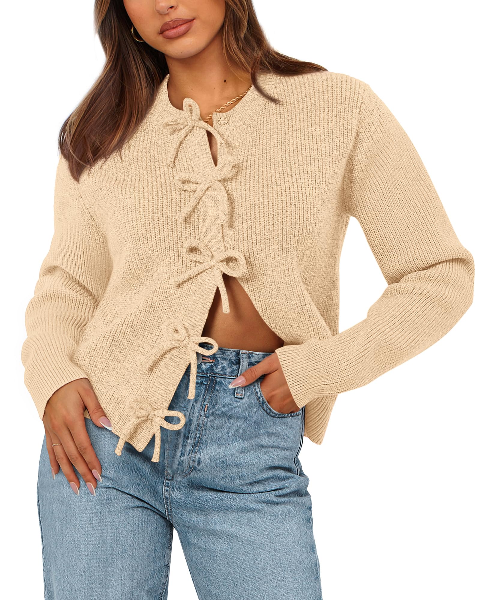 BTFBM Bow Cropped Cardigan Sweaters for Women Fall Winter Open Front Sweater Long Sleeve Button Fashion Spring Clothes