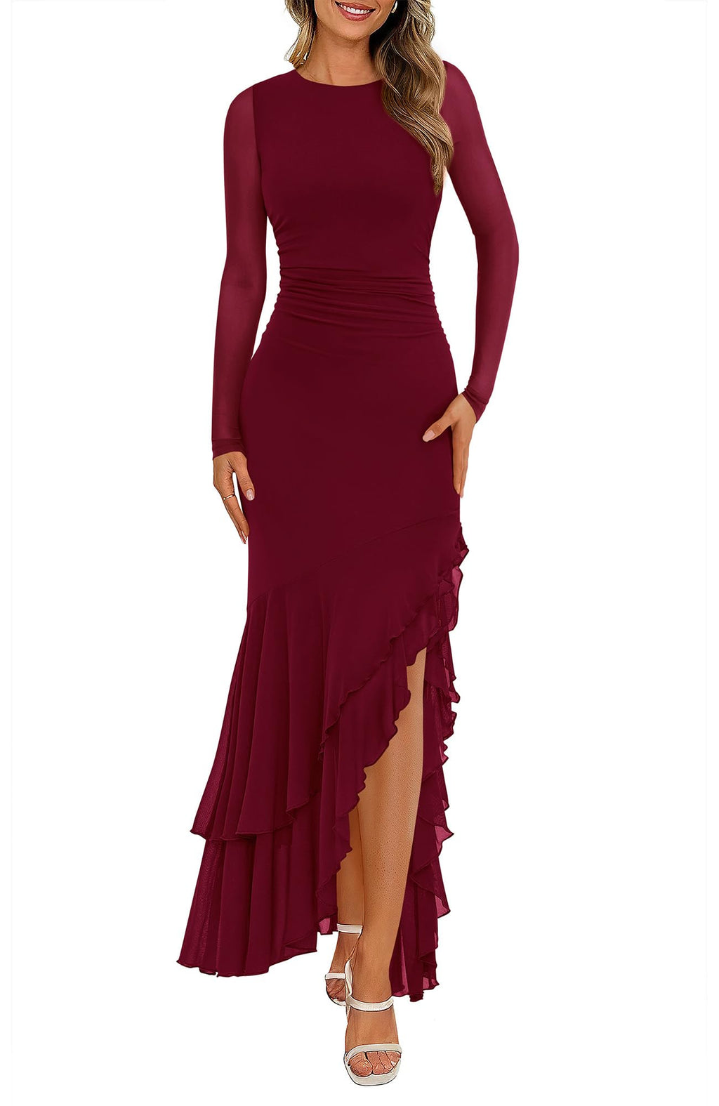 BTFBM Women's Maxi Dresses Fall Long Sleeve Wedding Guest Dress Mesh,Ruched,Bodycon,High Split,Solid Color,Ruffle, Mermaid,Cocktail Dresses,Prom,Party,Homecoming Dress,Fall Outfits