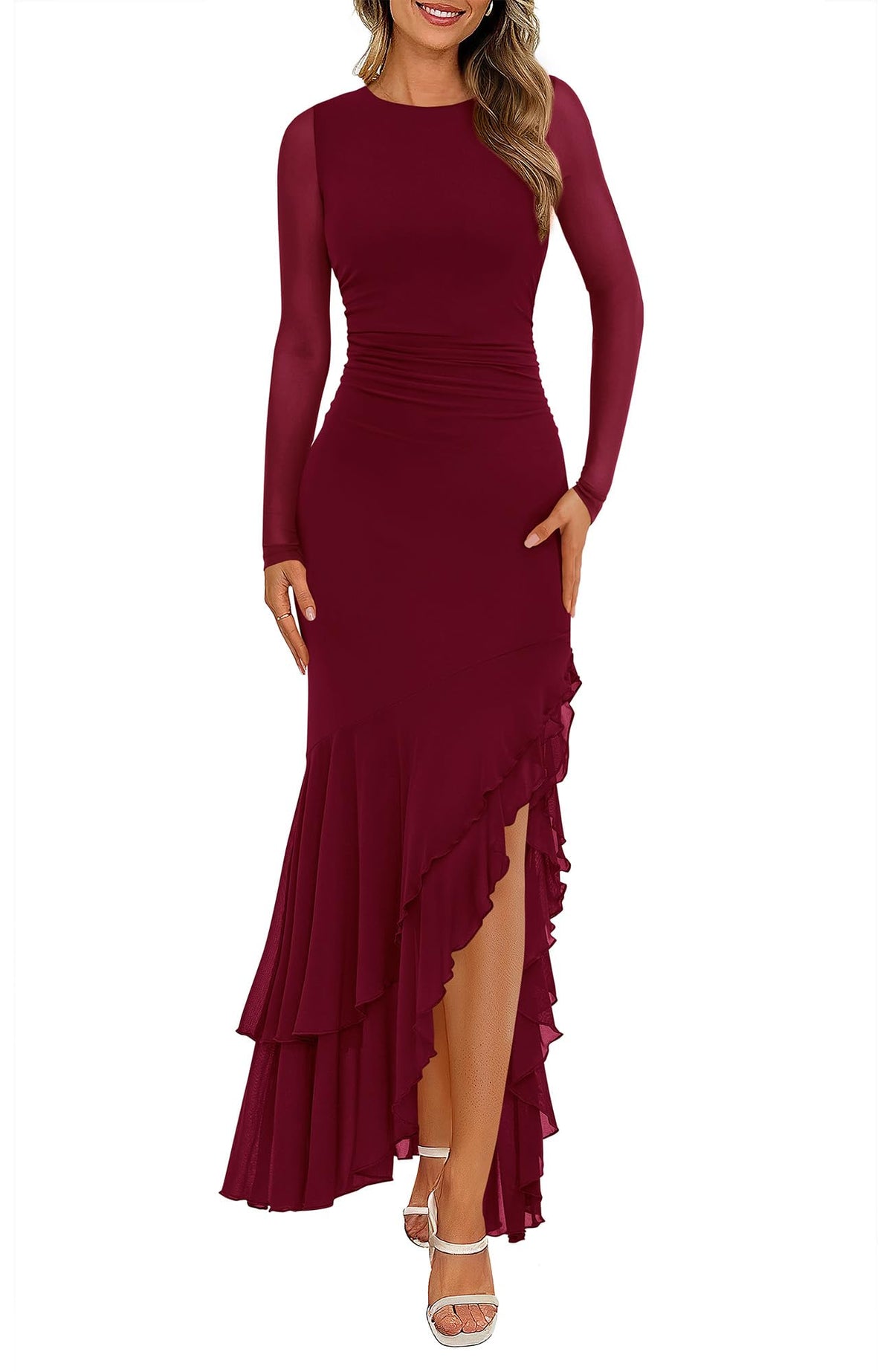 BTFBM Women's Maxi Dresses Fall Long Sleeve Wedding Guest Dress Mesh,Ruched,Bodycon,High Split,Solid Color,Ruffle, Mermaid,Cocktail Dresses,Prom,Party,Homecoming Dress,Fall Outfits