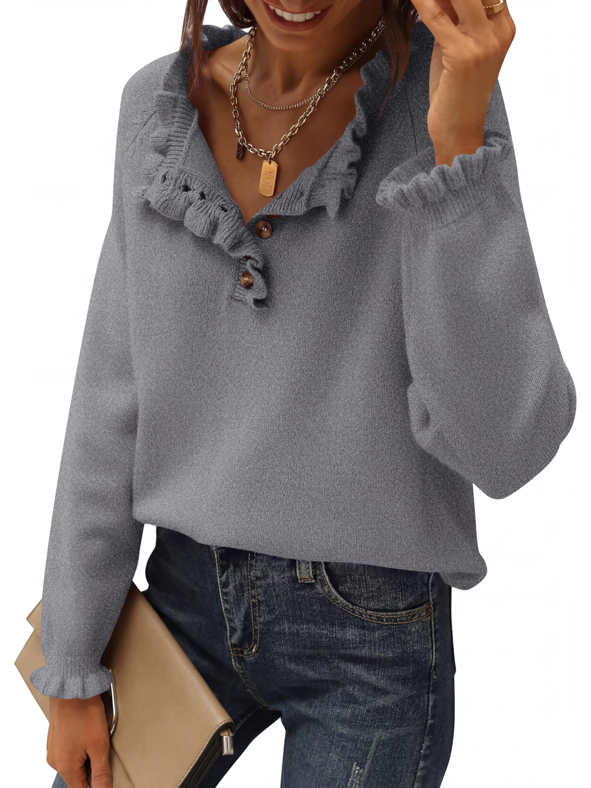 BTFBM Womens Sweaters Fall Winter Clothes Long Sleeve Button Down Ruffle Crew Neck Casual Knitted Pullover Tops