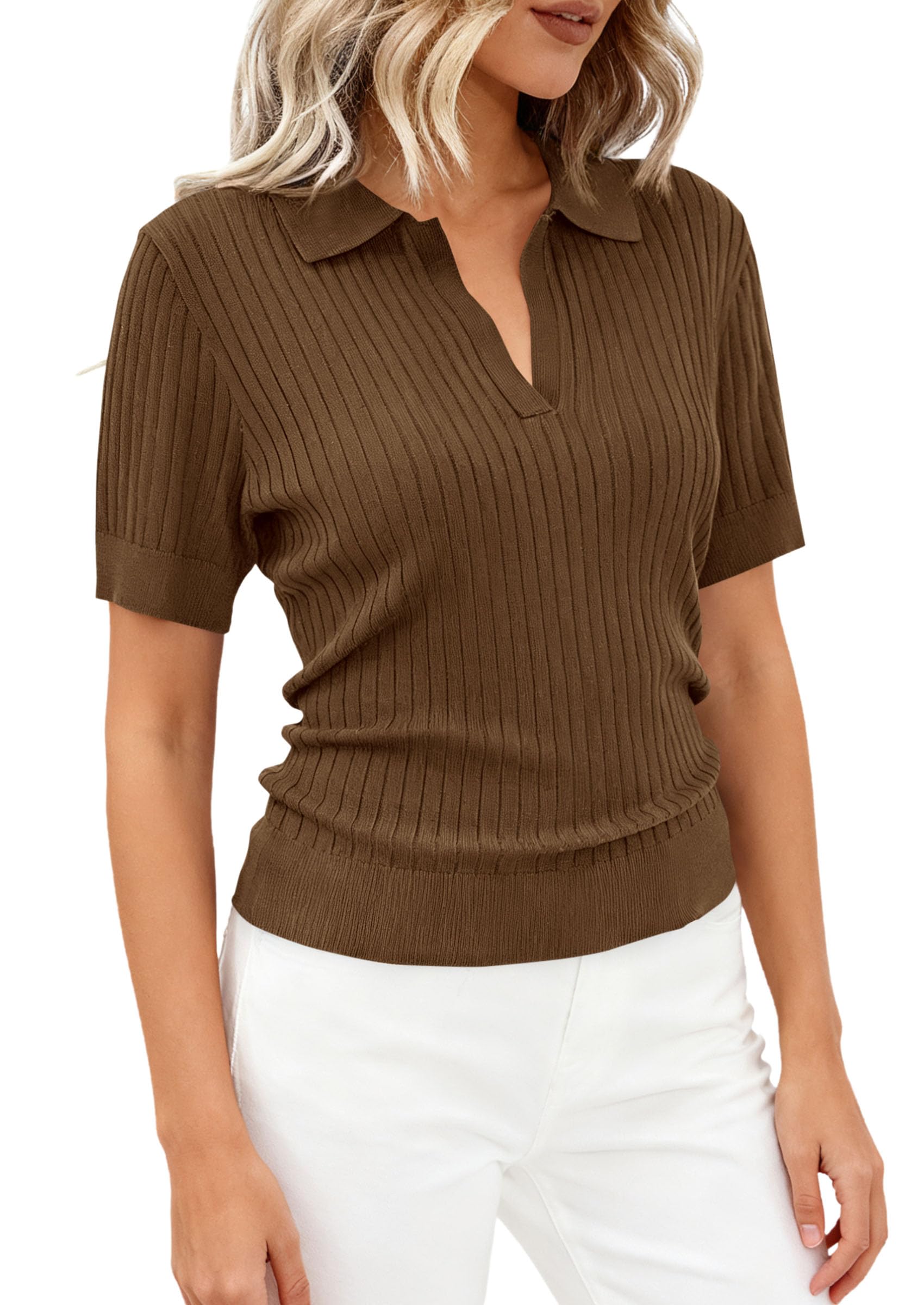 PRETTYGARDEN Women's Short Sleeve Sweater Spring Polo Shirts Ribbed Knit V Neck Business Casual Tops Summer Work Clothes
