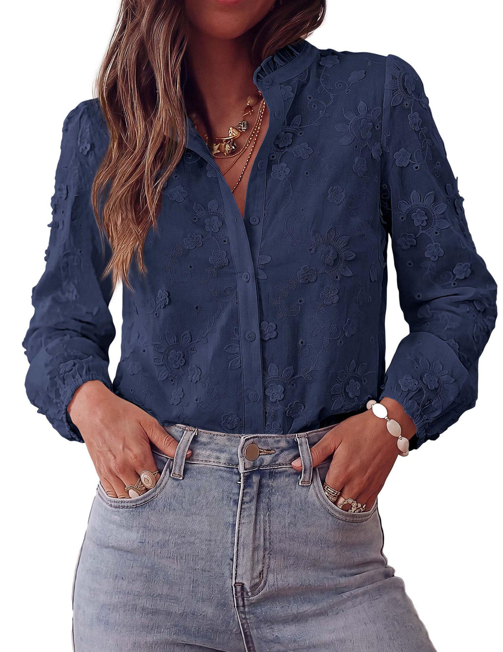 PRETTYGARDEN Women's Floral Embroidered Button Down Shirts | Ladies Dressy Fall Blouses, Long Sleeves, Ruffle Neck, Elegant Boho Eyelet Tops for Work, Business & Spring Casual Outings