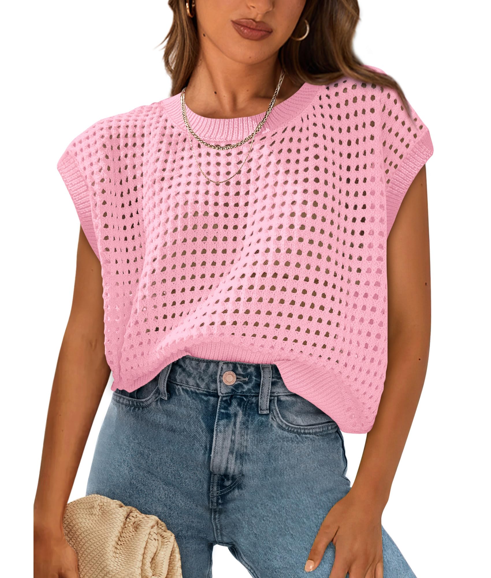 PRETTYGARDEN Womens Spring Tops Summer Shirts Crochet Cap Sleeve Sweater Pullover Cute Beach Vacation Clothes