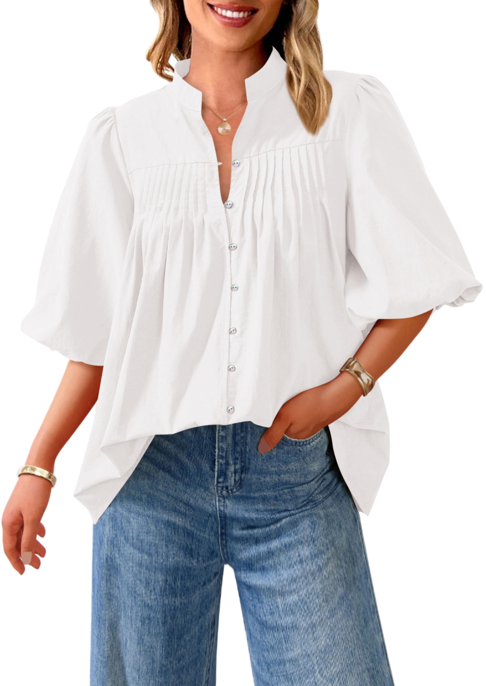 PRETTYGARDEN Women's  Summer Short Lantern Sleeve Tops Loose Fit Button Down Shirt Pleated V Neck Blouses Trendy Clothes