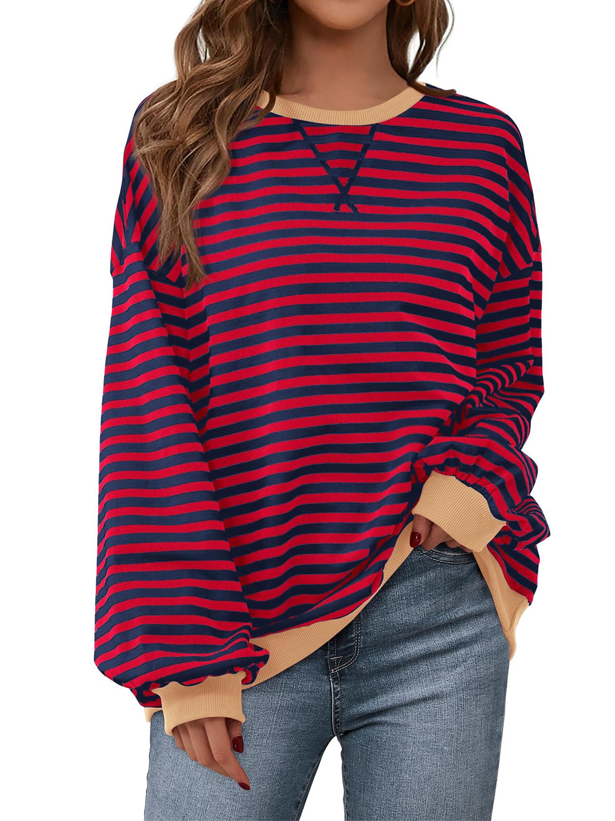 PRETTYGARDEN Womens Striped Oversized Sweatshirt Color Block Crew Neck Long Sleeve Casual Loose Pullover Top Y2K Clothes