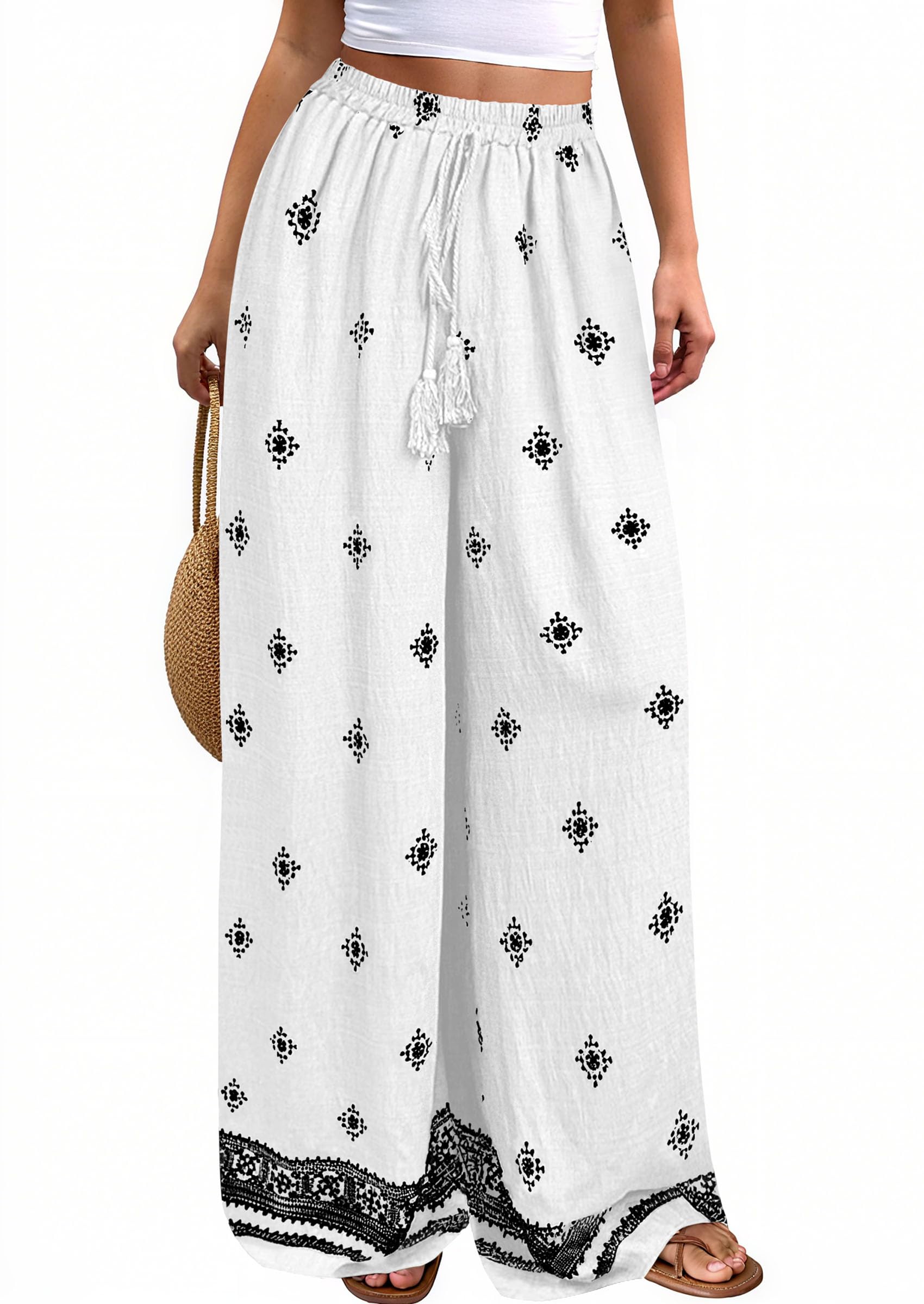 PRETTYGARDEN Women's Wide Leg Palazzo Pants Summer Boho Floral Trousers Spring Flowy Beach Vacation Clothes Resort Wear