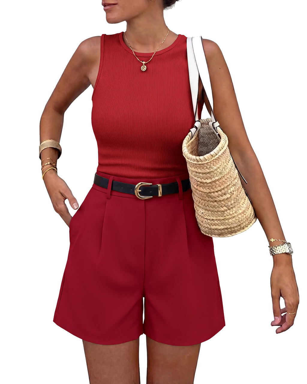 BTFBM 2 Piece Sets for Women Summer Sleeveless Matching Short Sets Tank Crew Neck Airport Travel Outfits Pockets