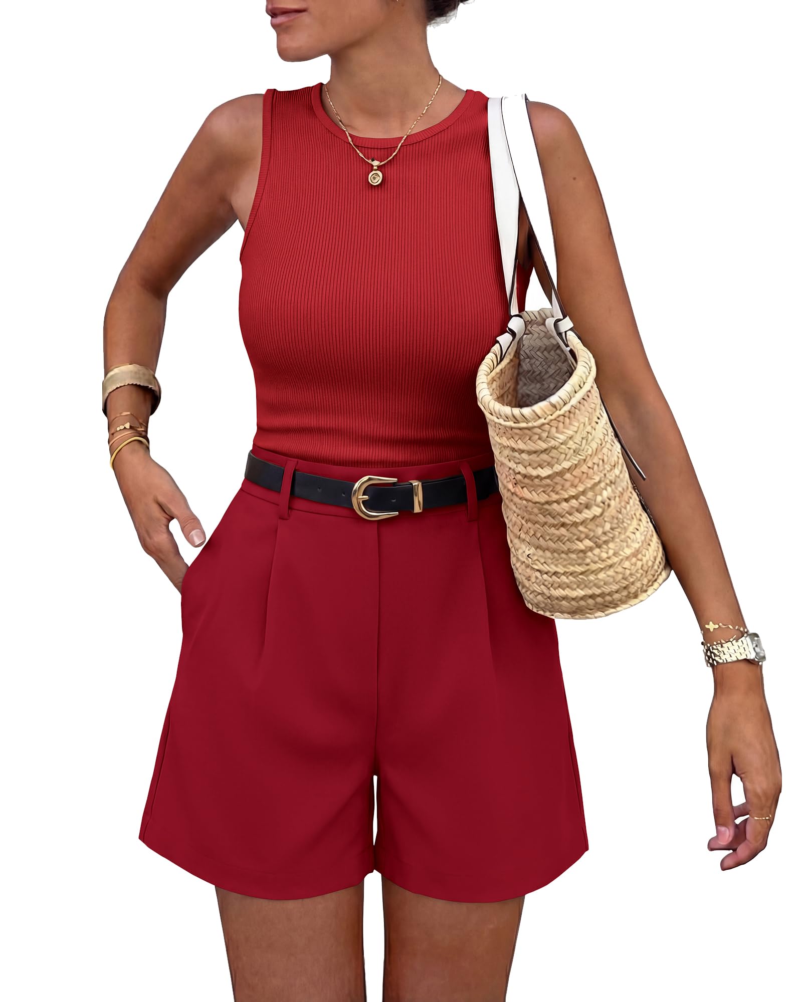 BTFBM 2 Piece Sets for Women Summer Sleeveless Matching Short Sets Tank Crew Neck Airport Travel Outfits Pockets