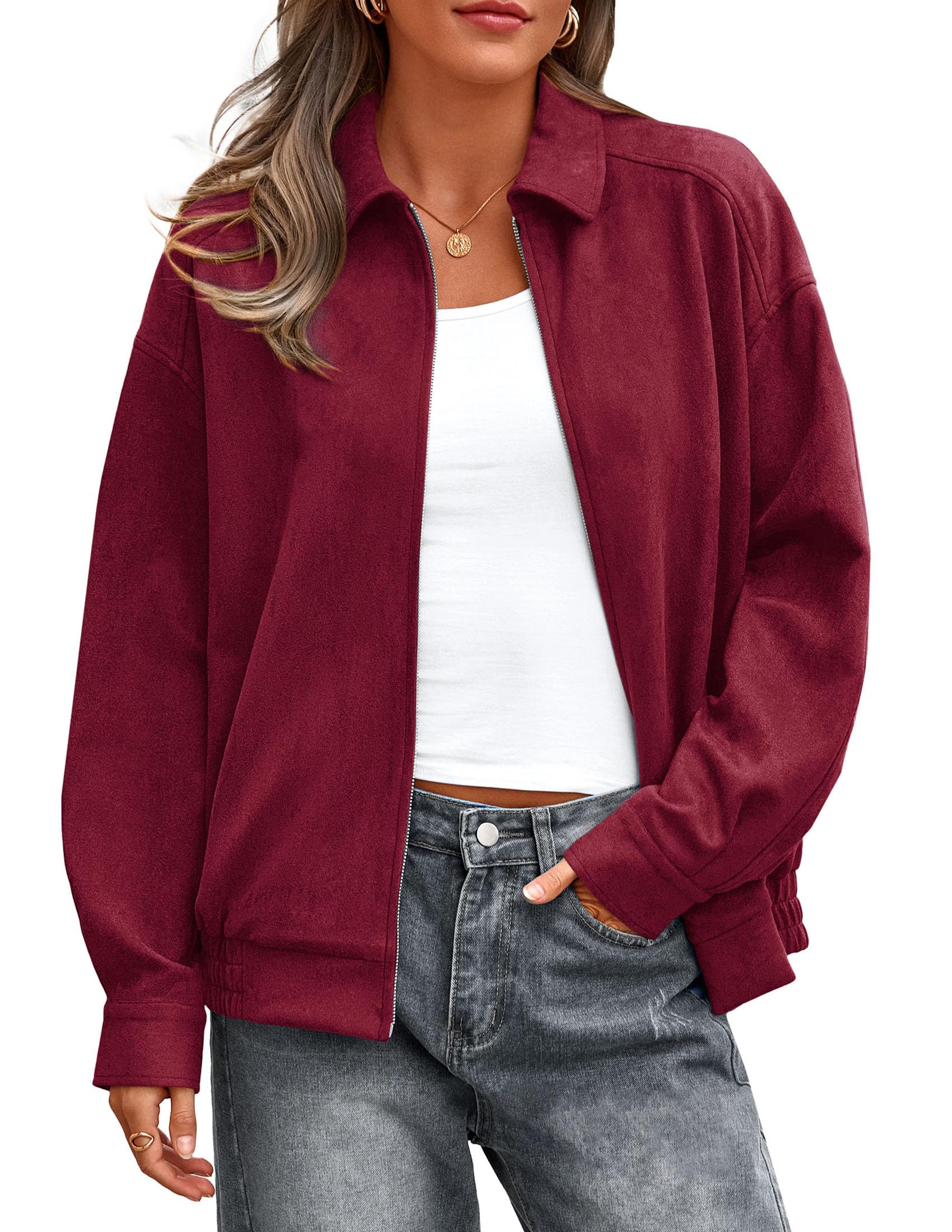 PRETTYGARDEN Faux Suede Bomber Jacket Women Fall Fashion Casual Zip Up Oversized Trendy Winter Clothing Outerwear Coats