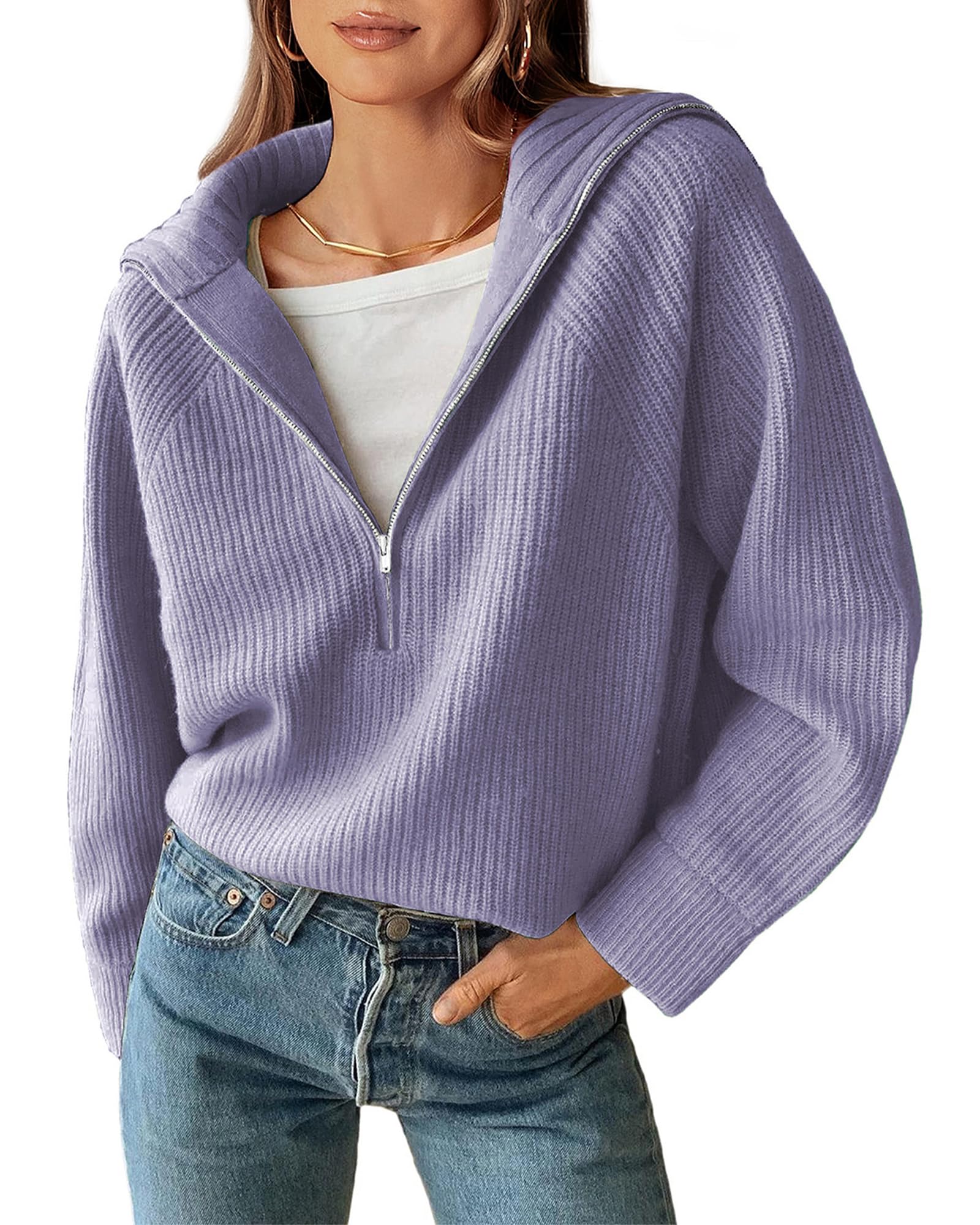BTFBM Womens Sweaters Quarter Zip Pullover V Neck Collar Long Sleeve Ribbed Knit Loose Casual Winter Fall Sweater