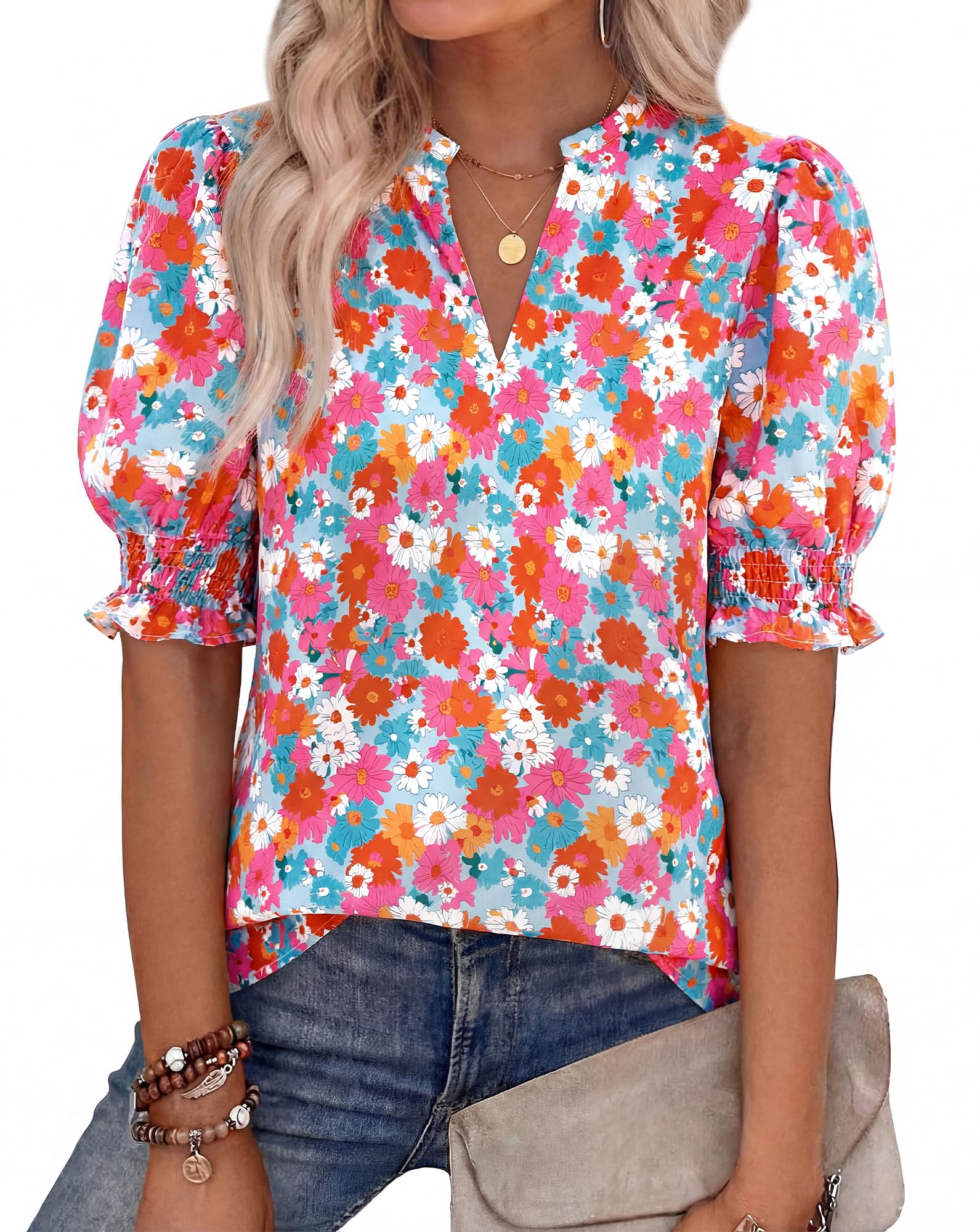 BTFBM Summer Blouses for Women Dressy Casual Fashion Spring Tops Floral Boho V Neck Puff Short Sleeve Top Shirts
