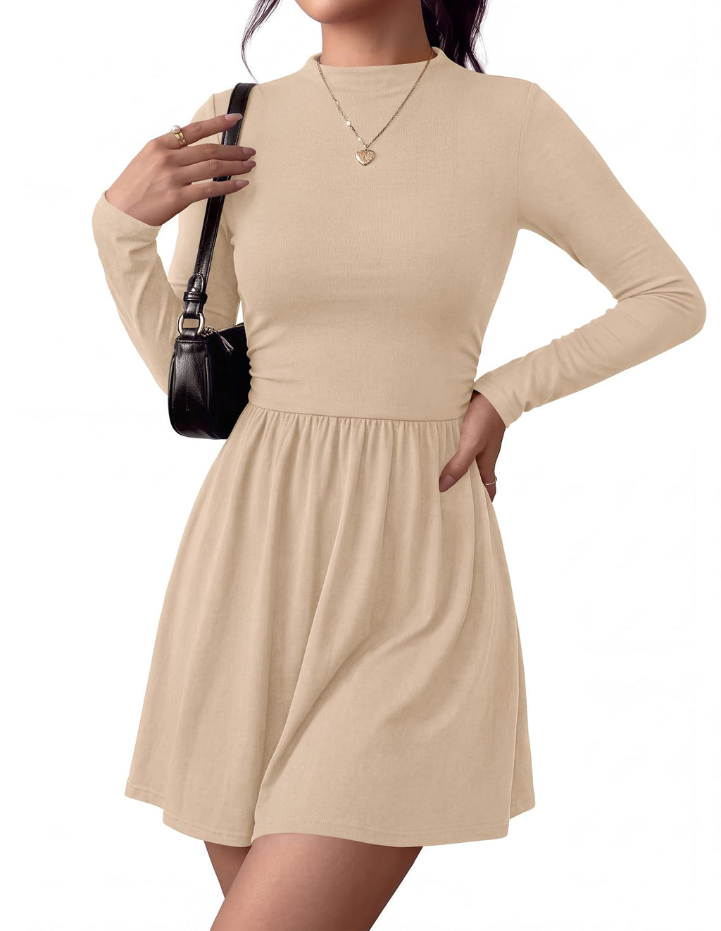 BTFBM Long Sleeve Dresses for Women Mock Neck A Line Flowy Mini Dress Swing Pleated Hem,Cocktail Party Club Holiday Going Out Outfits,Dressy Casual Winter,Trendy Early Fall Fashion Clothing