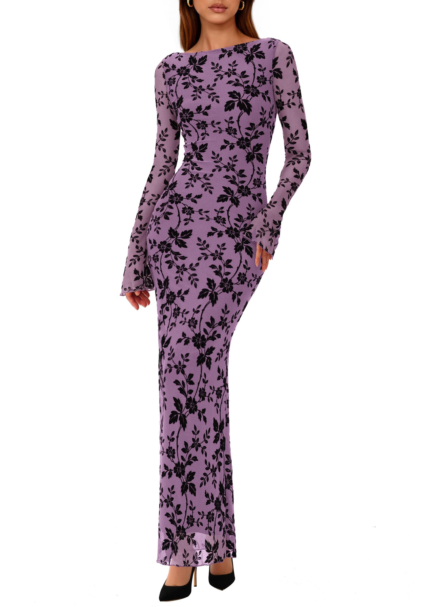 PRETTYGARDEN Women's Floral Bodycon Maxi Dress Fall Elegant Mesh Long Sleeve Formal Wedding Guest Cocktail Dresses