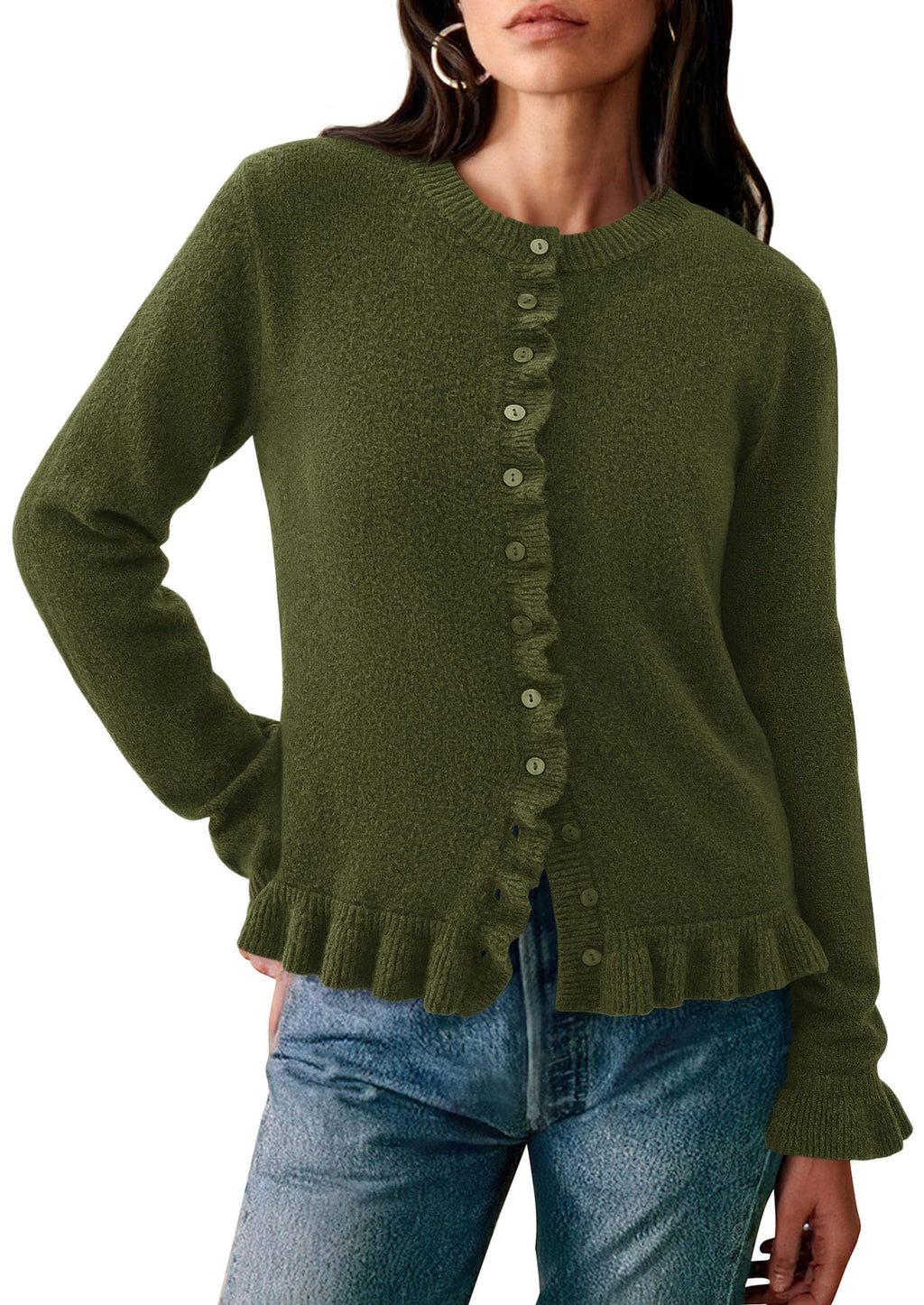 PRETTYGARDEN Womens Fall Button Down Cardigans Chunky Knit Ruffle Open Front Cropped Cardigan Sweaters Soft Long Sleeve Tops