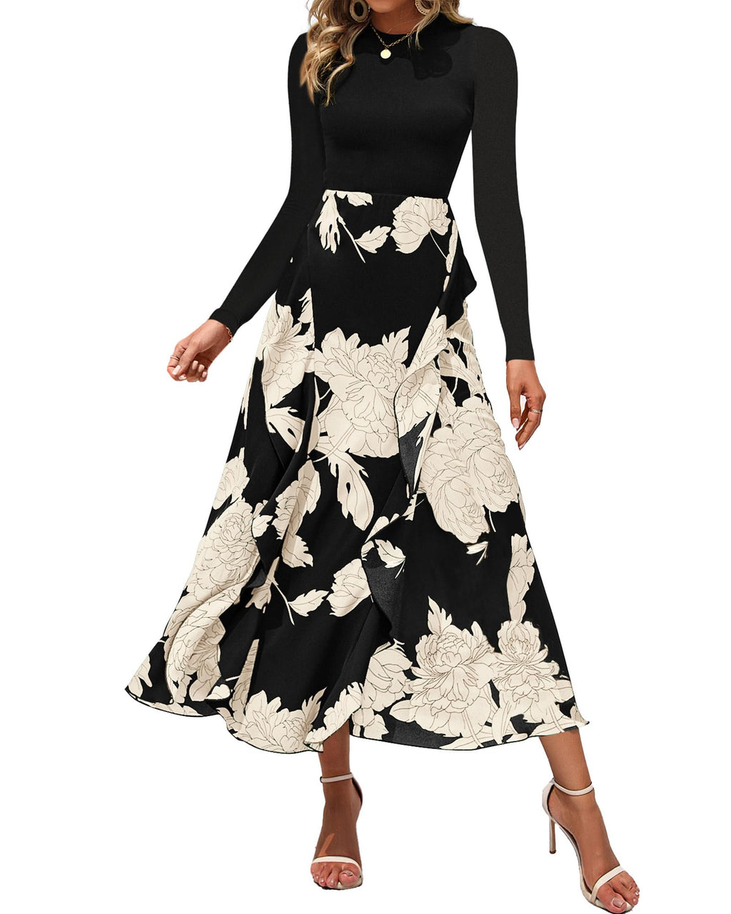 FreshPretty Womens Floral Maxi Dress Fall Casual Crewneck Long Sleeve Ruffle Flowy Cocktail Wedding Guest Dresses