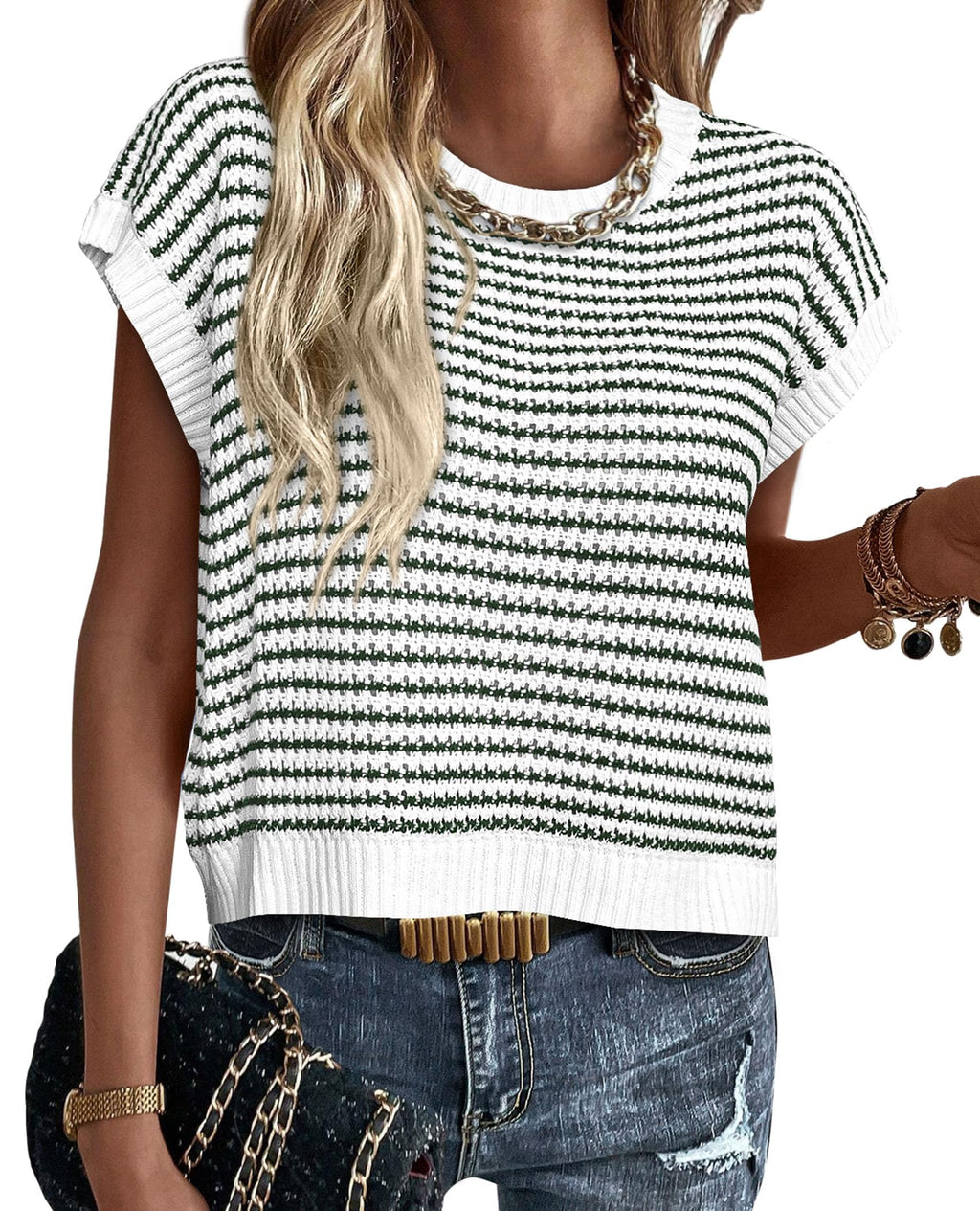 PRETTYGARDEN Womens Short Sleeve Sweater Spring Summer Round Neck Striped Pullover Cap Sleeve Knit Sweater Vest Tops