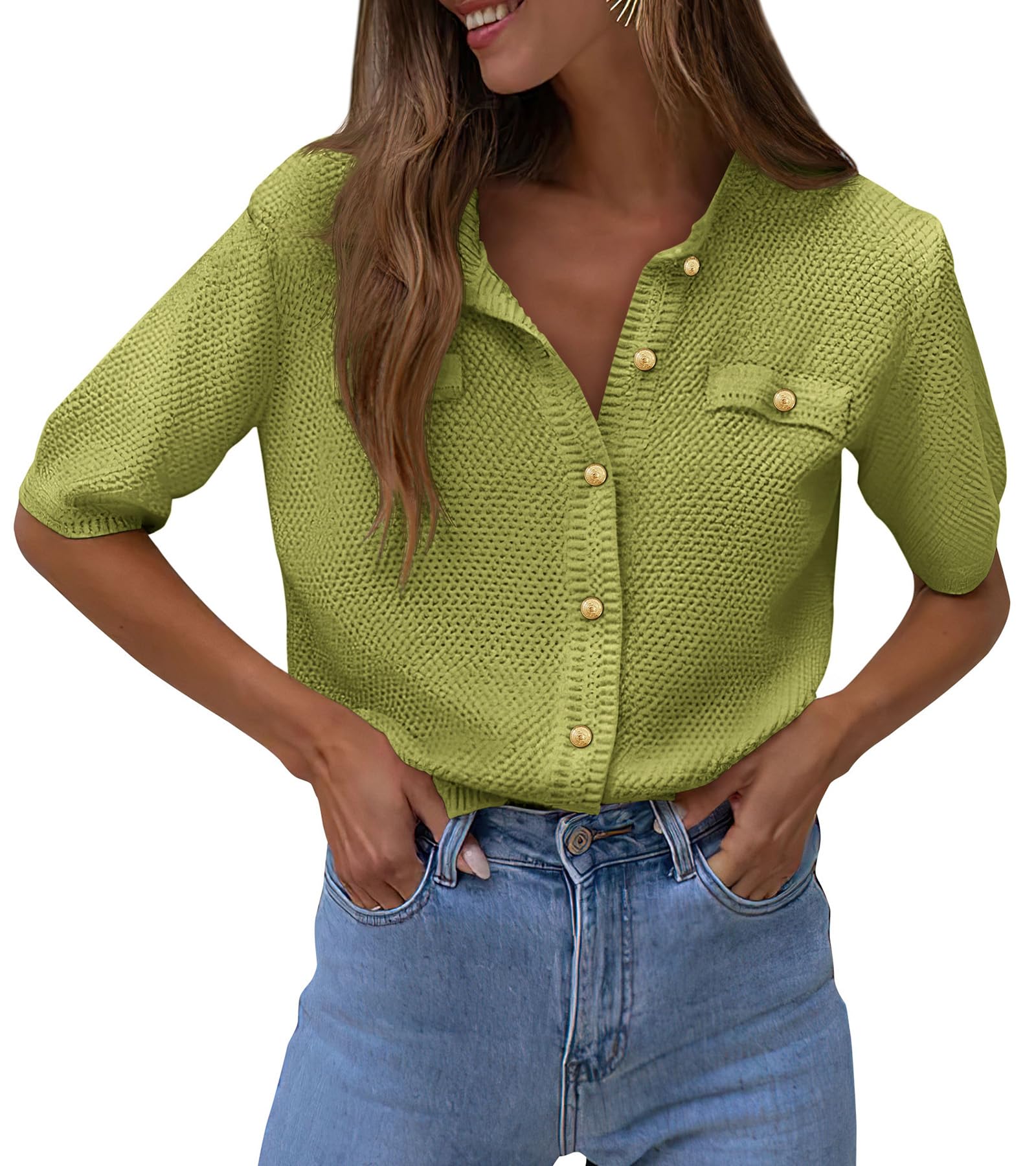 PRETTYGARDEN Women's Summer Button Down Shirts Casual Short Sleeve Crew Neck Ribbed Knit Blouse Top Cardigans