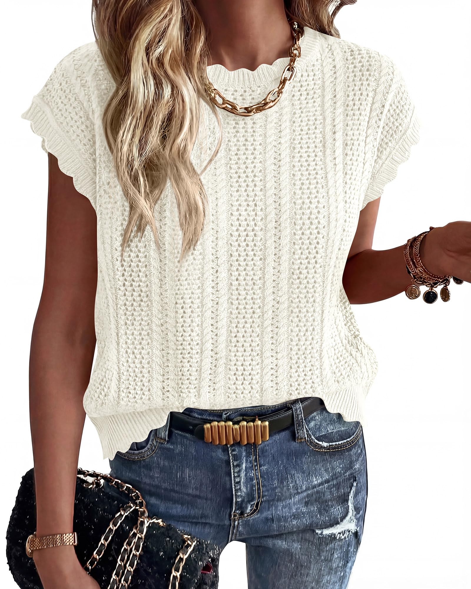 FreshPretty Sweater Vest Women Crochet Top Cap Short Sleeve Sweater Spring Summer Cable Knit Pullover Beach Vacation Outfits