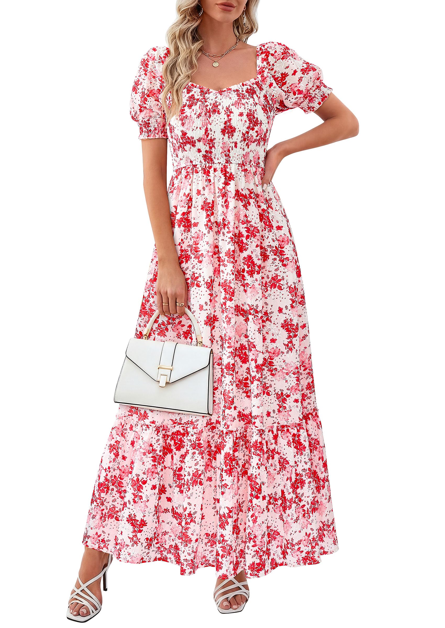 PRETTYGARDEN Women's Floral Boho Maxi Dresses Flowy Short Sleeve A Line Smocked Eyelet Summer Beach Vacation Clothes