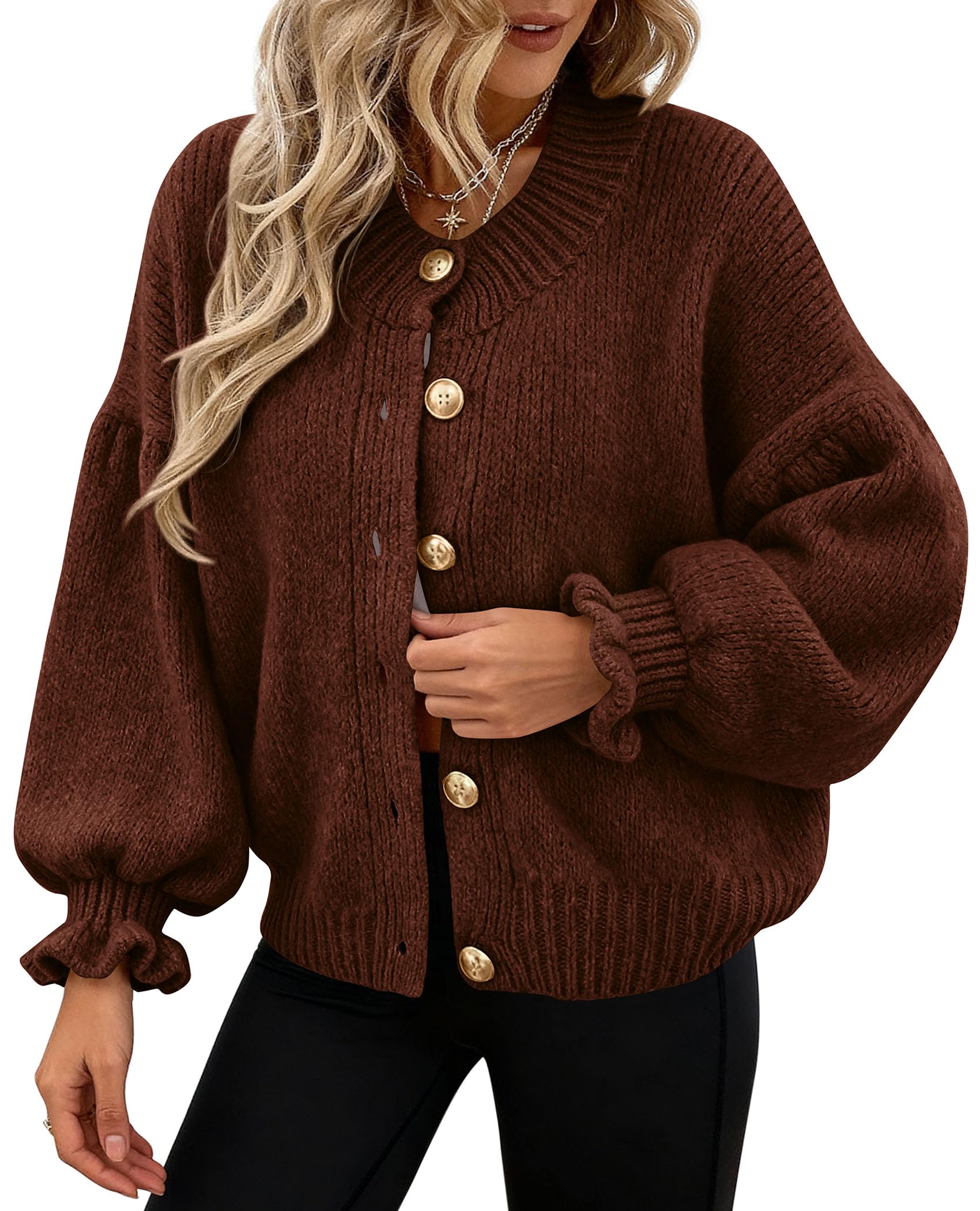 PRETTYGARDEN Womens Cropped Cardigans Trendy Ruffle Open Front Chunky Knit Sweater Oversized Button Down Fall Clothes