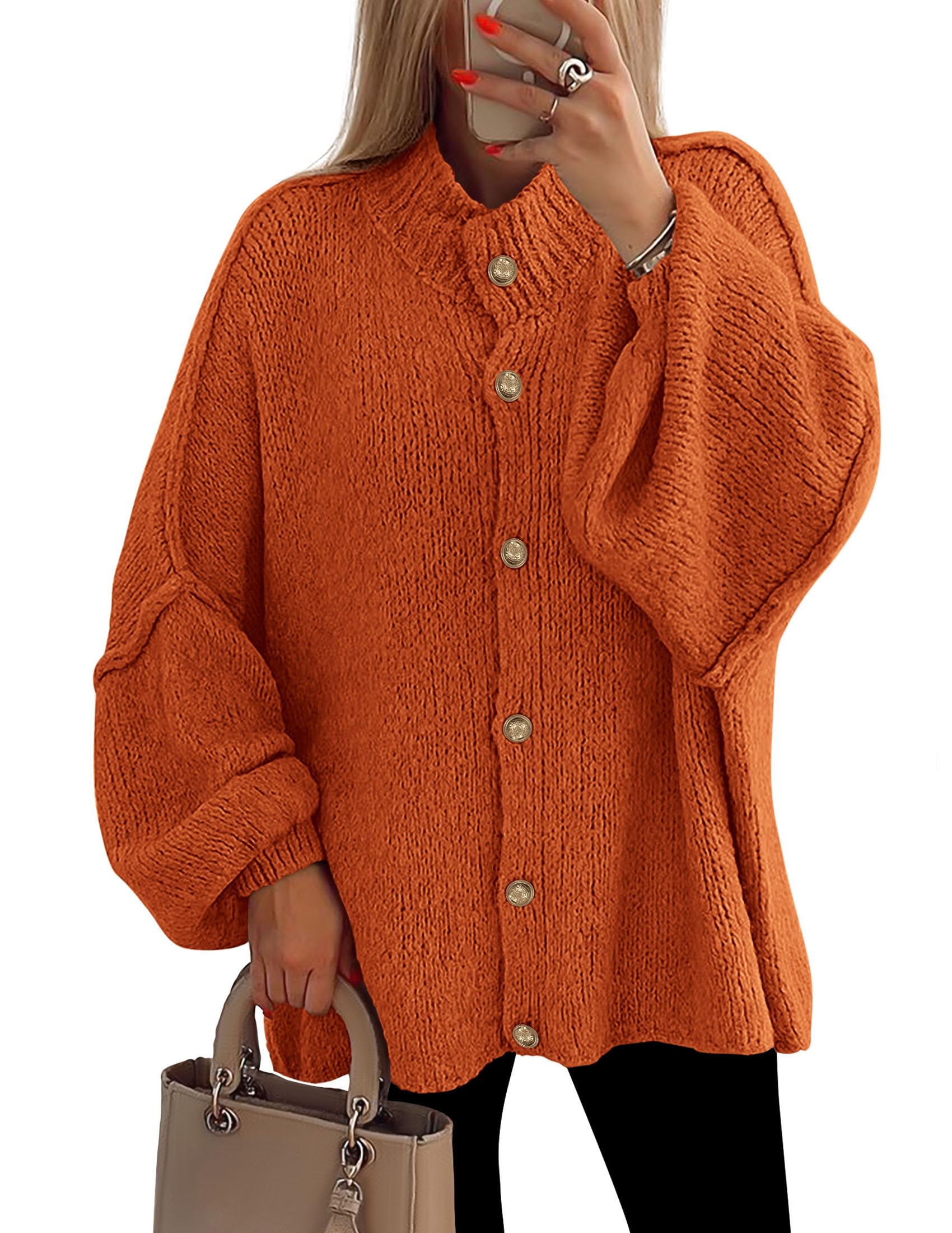 PRETTYGARDEN Women's Winter Button Down Cardigan Sweaters Mock Neck Lantern Long Sleeve Chunky Knit Jacket Trendy Outerwear