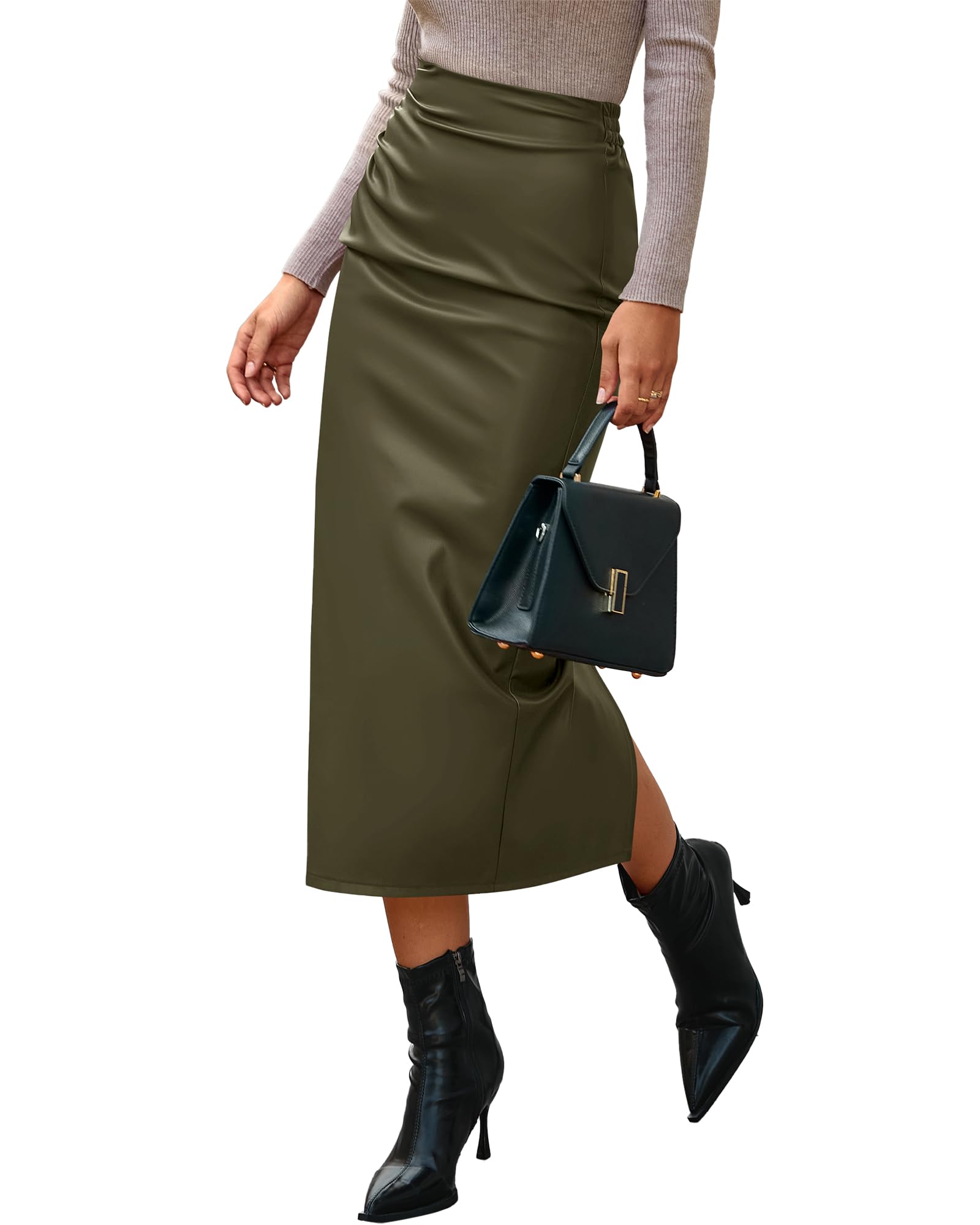BTFBM Skirts for Women Trendy Spring Elastic Waist Ruched Bodycon Slit Pencil Midi Leather Skirt Bussiness Casual
