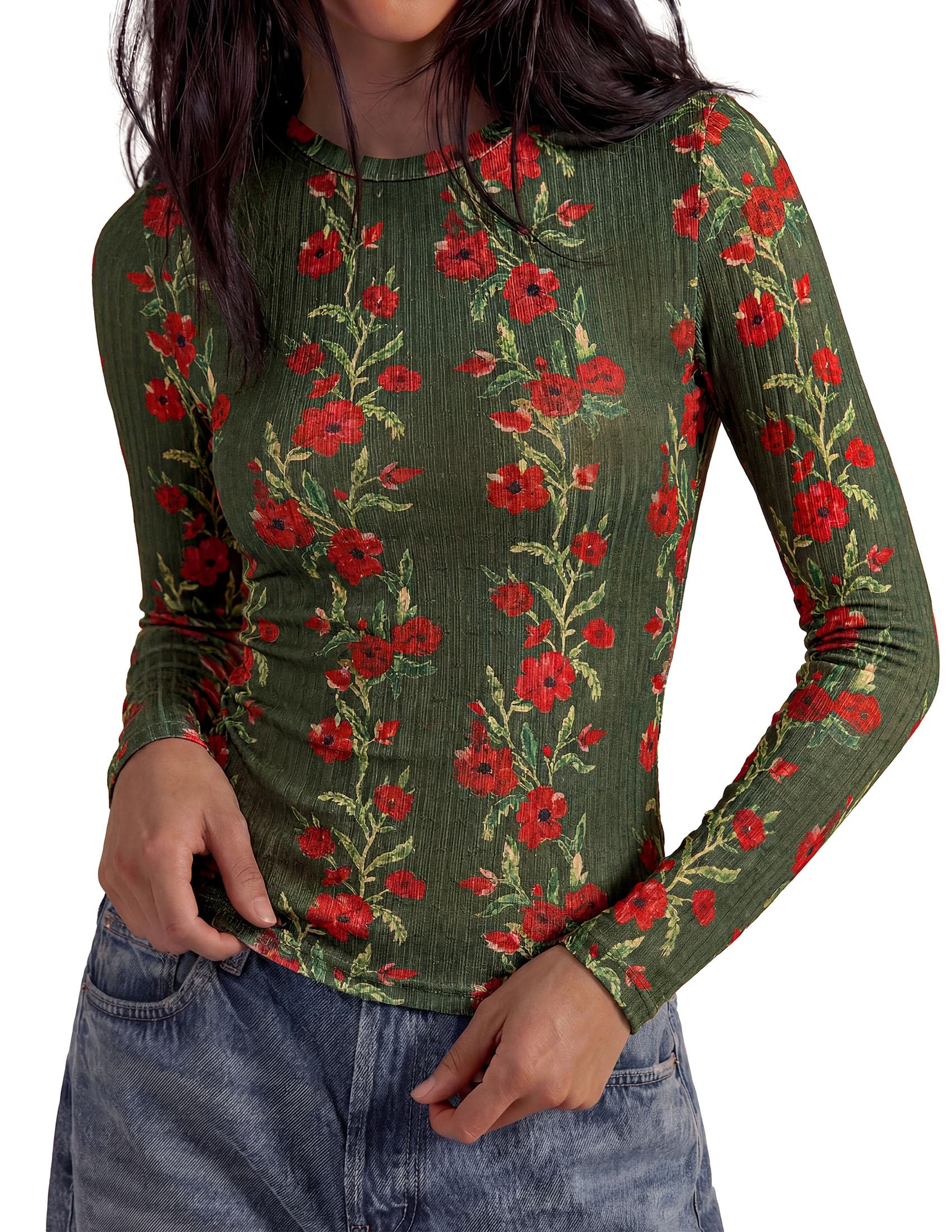 PRETTYGARDEN Womens Long Sleeve Shirts Floral Y2K Tops Soft Lightweight Ribbed Knit Top,Fitted Waist,Crew Neck Slim Fit,Going Out Vacation Outfits,Layering Fall Winter Clothes