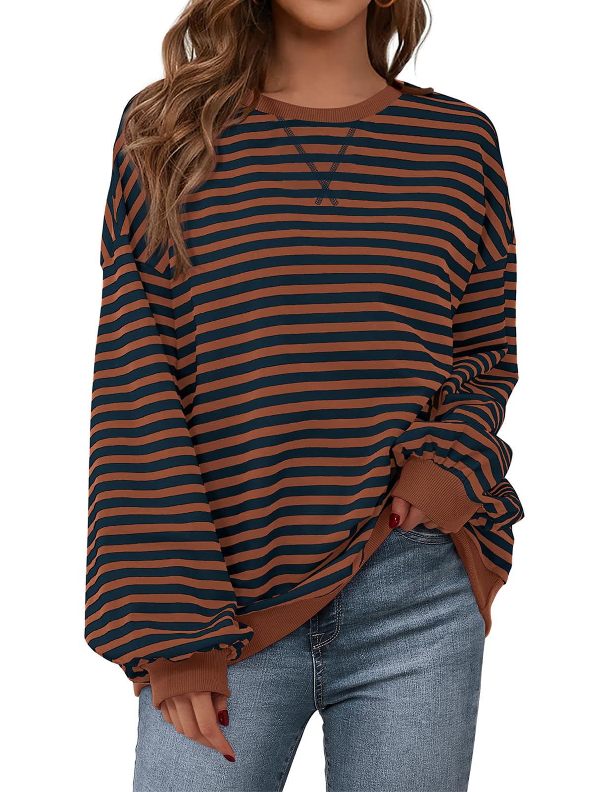 PRETTYGARDEN Womens Striped Oversized Sweatshirt Color Block Crew Neck Long Sleeve Casual Loose Pullover Top Y2K Clothes