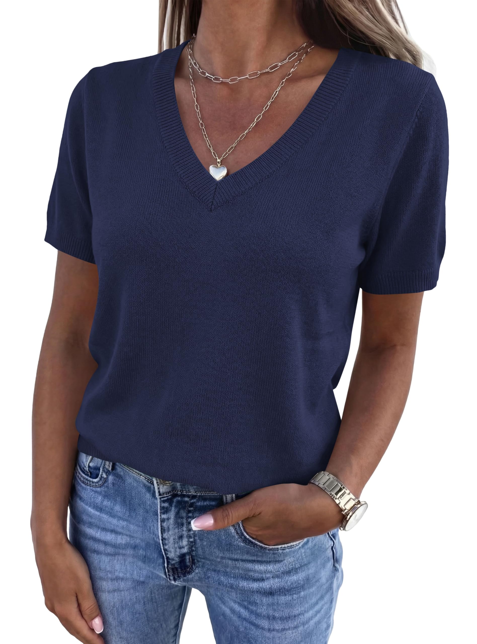 PRETTYGARDEN Womens Short Sleeve Sweater V Neck Trendy Pullover Tops Summer Spring Loose Lightweight Casual Blouse