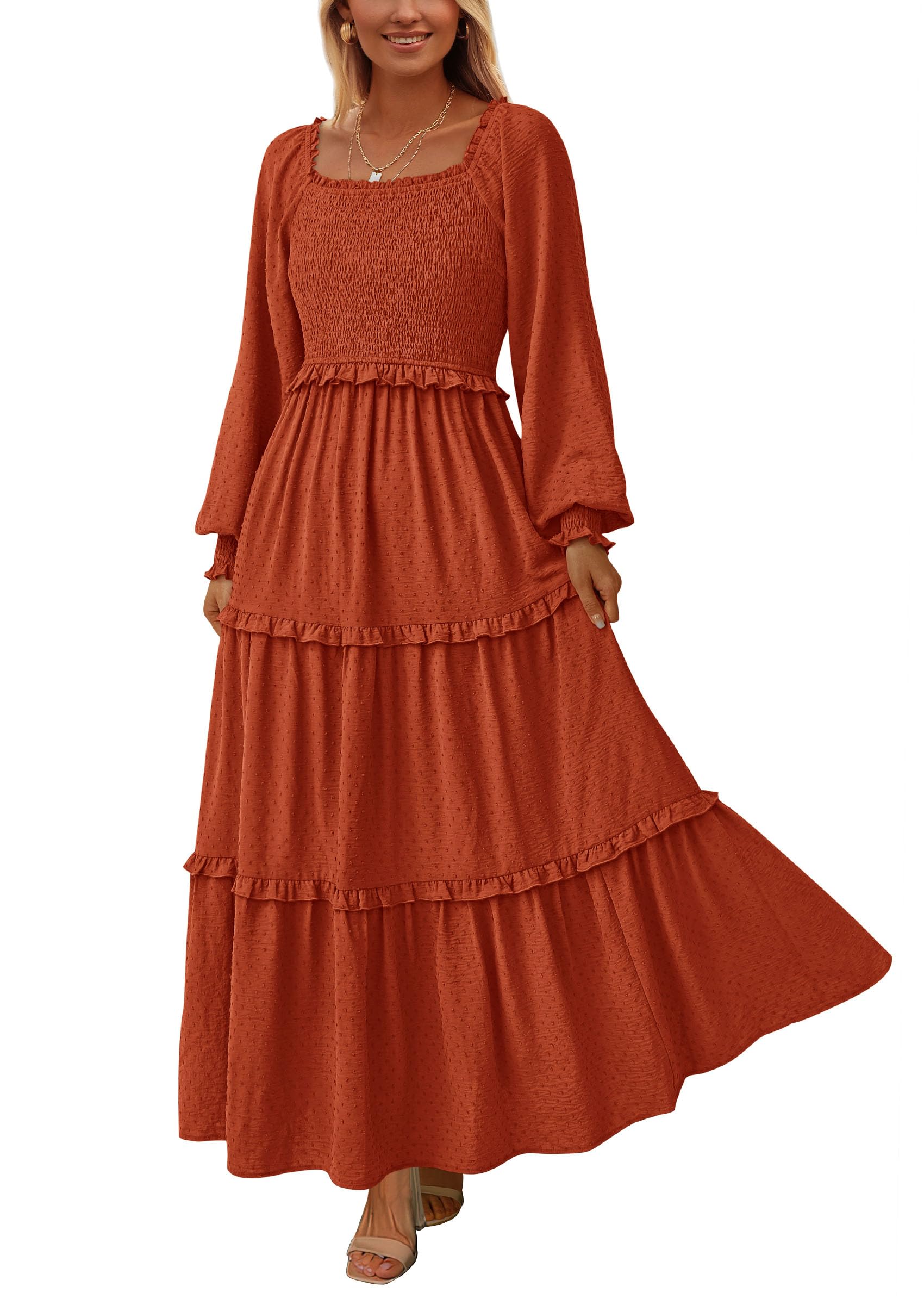 PRETTYGARDEN Fall Dresses for Women Long Sleeve Smocked Square Neck Swiss Dot Tiered Flowy Wedding Guest Maxi Dress