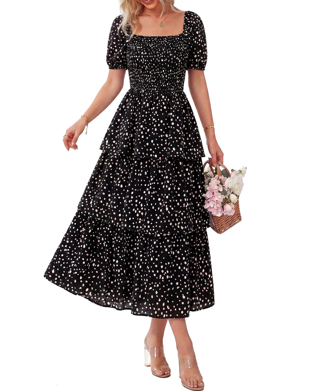 BTFBM Womens Square Neck Smocked Dress Summer Puff Short Sleeve Floral Casual Ruffle Tiered Maxi Wedding Guest Dresses