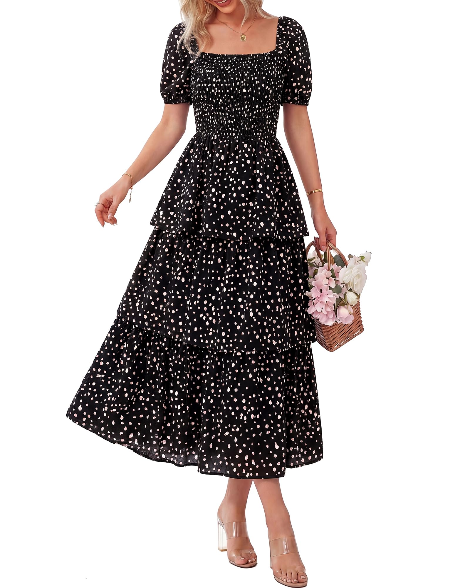 BTFBM Womens Square Neck Smocked Dress Summer Puff Short Sleeve Floral Casual Ruffle Tiered Maxi Wedding Guest Dresses