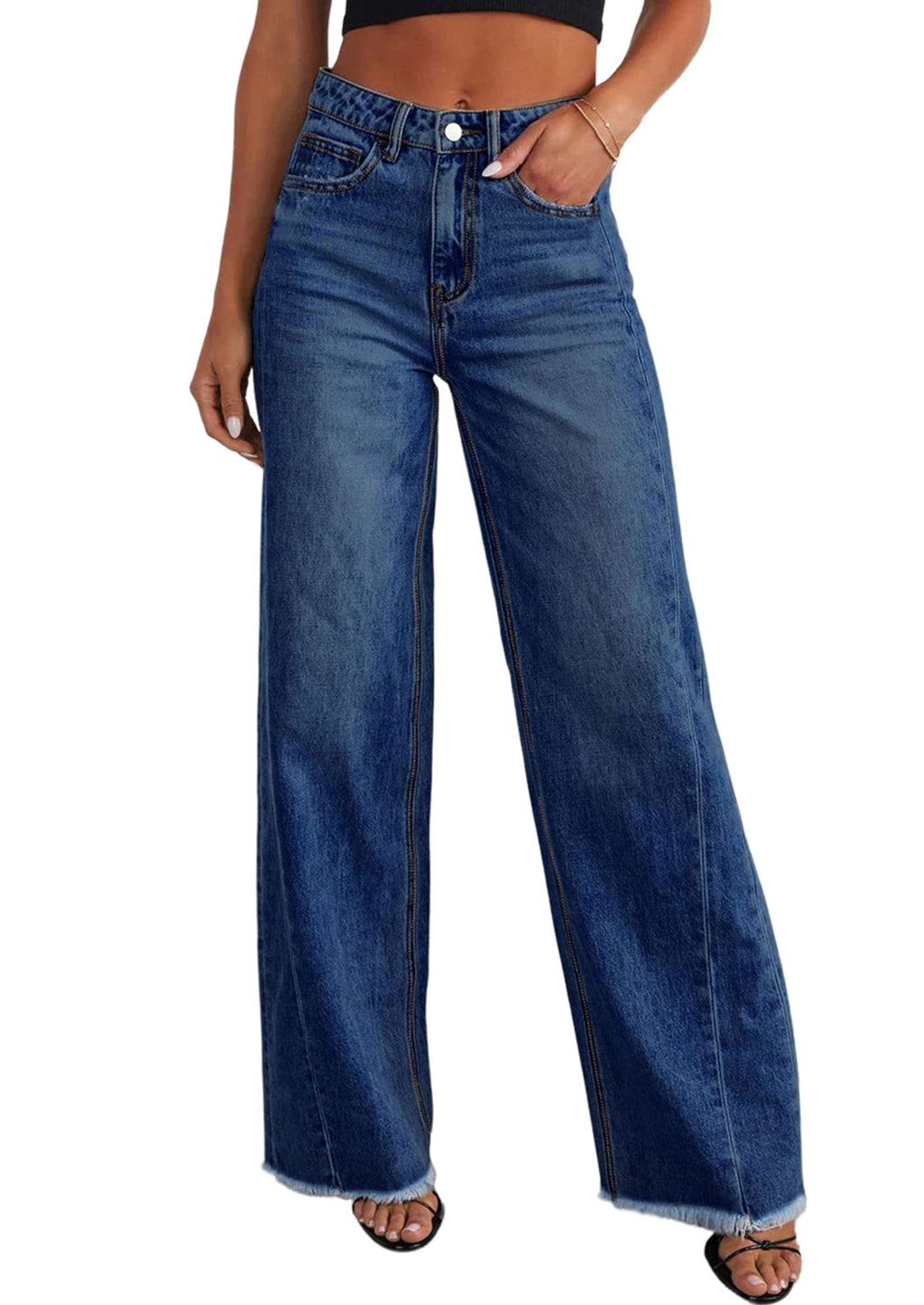PRETTYGARDEN Wide Leg Jeans for Women Trendy High Waisted Stretchy Baggy Raw Hem Denim Palazzo Pants Fall Clothes