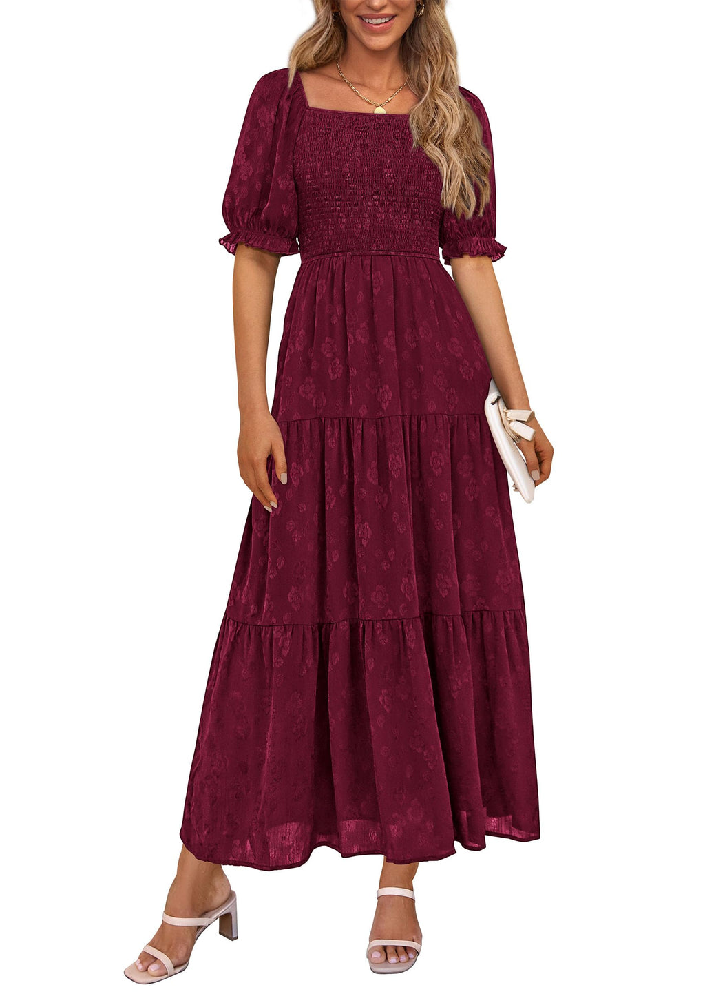PRETTYGARDEN Women's Summer Casual Midi Dresses Square Neck Short Sleeve Smocked A Line Floral Flowy Elegant Boho Dress