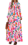 PRETTYGARDEN Women's Fall Dresses Long Sleeve Flowy Casual Floral Maxi Dress Crew Neck Smocked Tiered Long Dress
