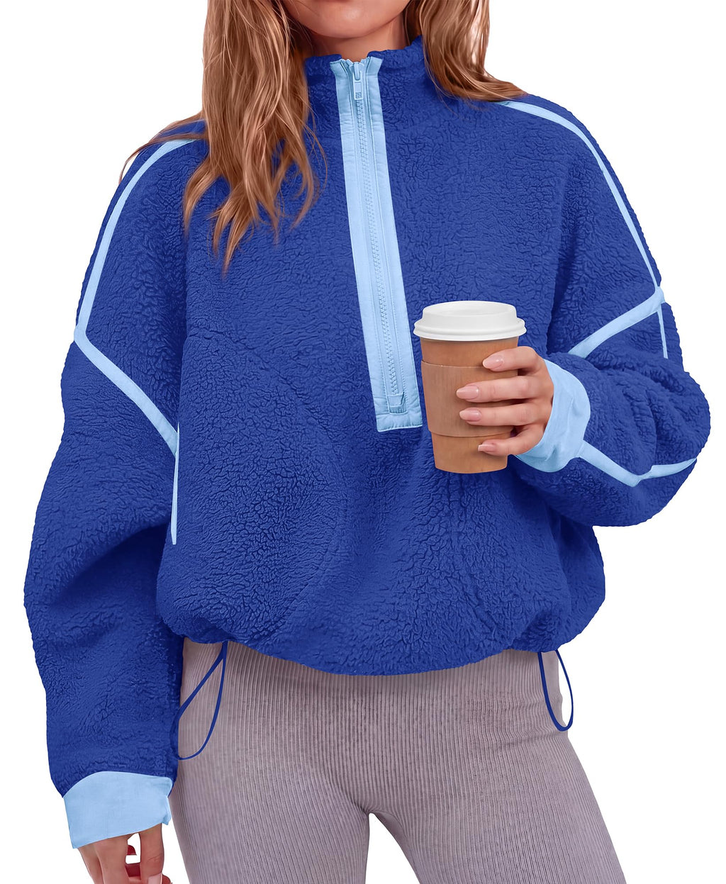 FreshPretty Womens Half Zip Fleece Pullover Sherpa Sweatshirts,Quarter Zip Cropped Jackets With Drawstring,Loose Fit Sweater Tops,Color Block Winter Coats,Trendy Fall Clothes