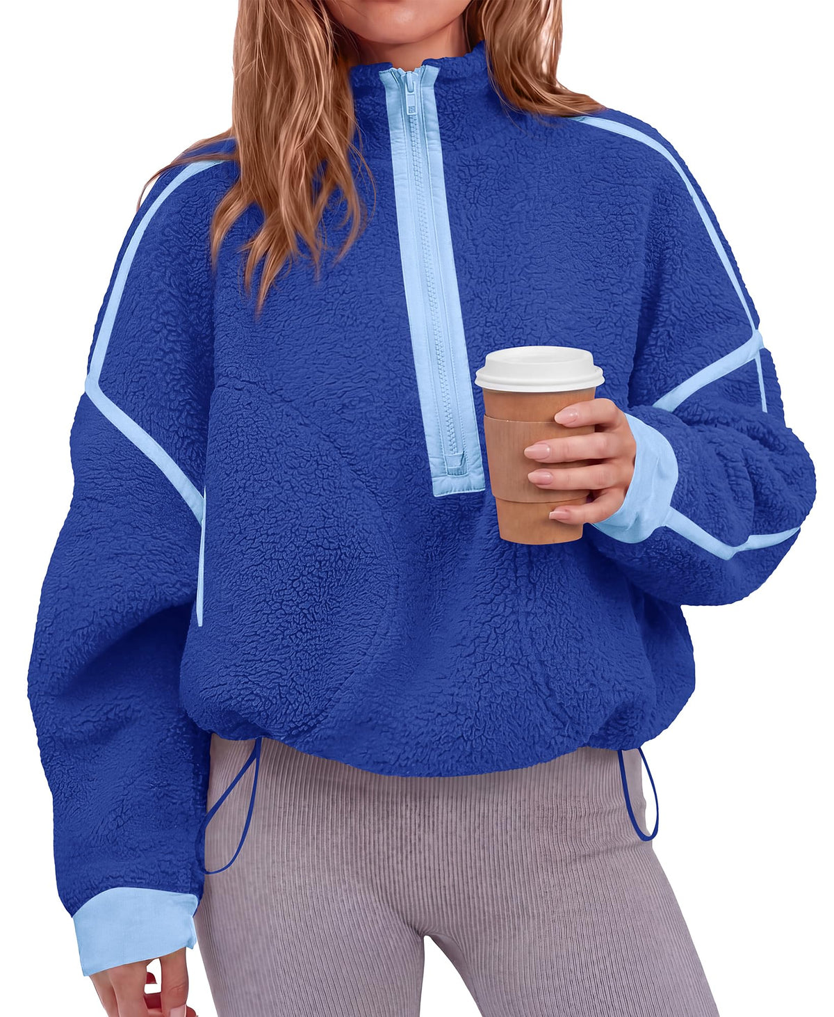 FreshPretty Womens Half Zip Fleece Pullover Sherpa Sweatshirts,Quarter Zip Cropped Jackets With Drawstring,Loose Fit Sweater Tops,Color Block Winter Coats,Trendy Fall Clothes