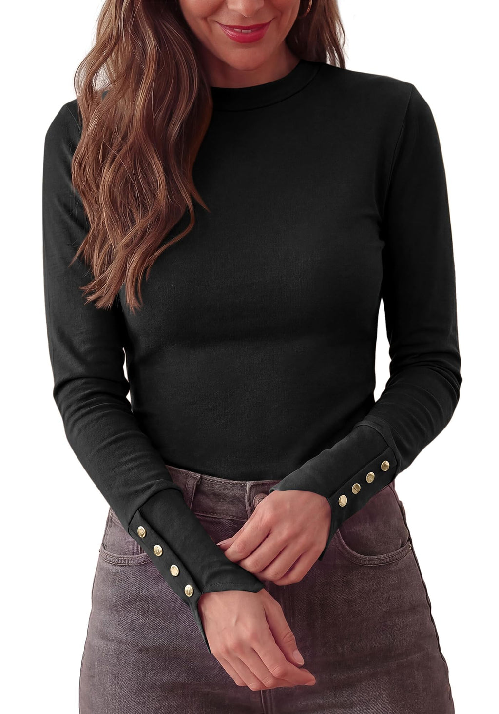 FreshPretty Womens Long Sleeve Tops Cute Slim Fitted Fall Shirts,Crewneck Knit Basic Shirts,Slimming Fit Work Office Blouses,Business Casual Outfits,Decorative Buttons,Fashion Clothing
