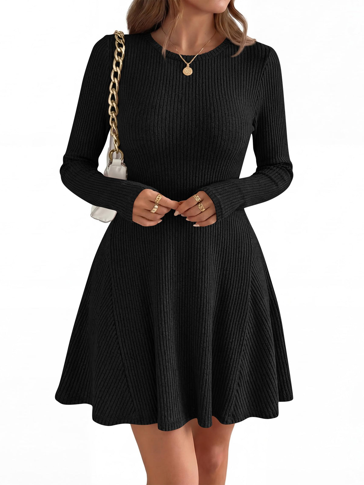 FreshPretty Womens Fall Long Sleeve Mini Sweater Dress,Fit and Flare Crewneck,Soft Lightweight Ribbed Knit,Casual A Line Short Cocktail Dresses,Elegant Fall Fashion Clothes