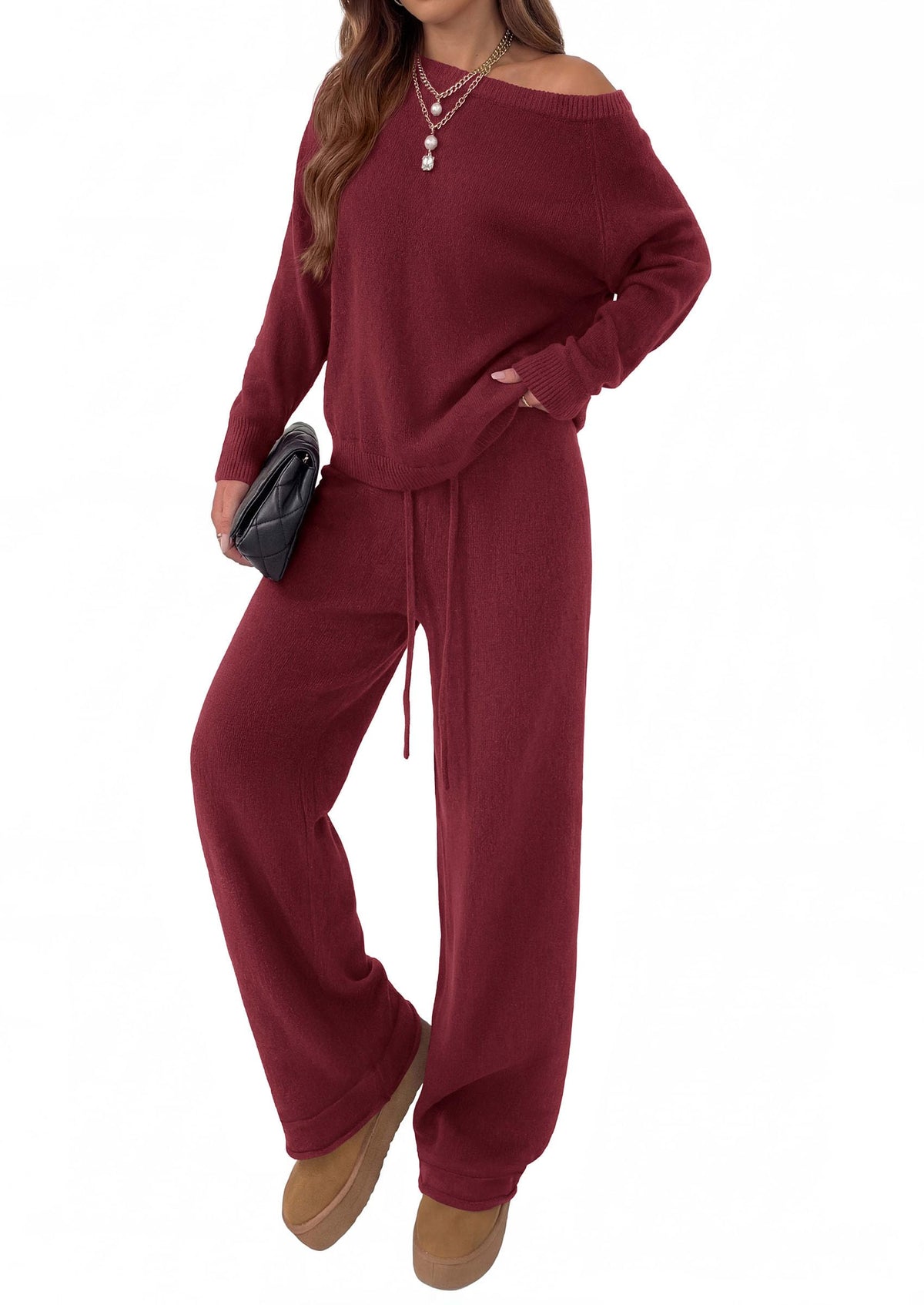 PRETTYGARDEN Lounge Sets Womens Sweaters Two Piece Outfits Cozy Boat Neck Long Sleeve Tops, Wide Leg Pants with Drawstring, Casual Fall Fashion Airport & Travel, Knit Matching Set