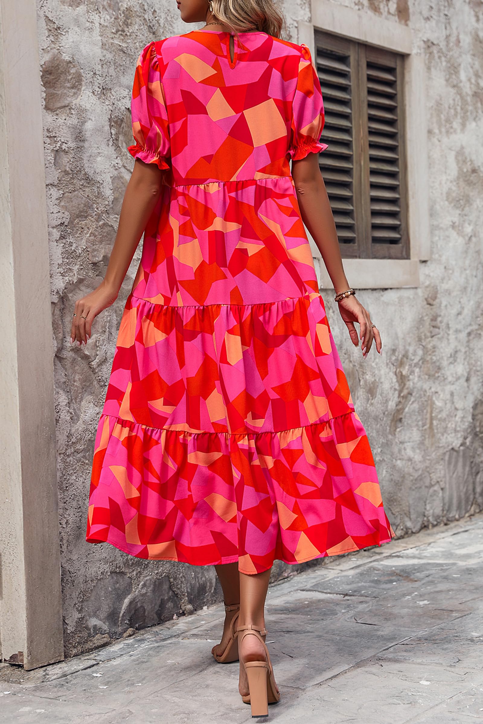 PRETTYGARDEN Summer Dresses for Women Casual Floral Boho Midi Sun Dress Puff Short Sleeve Flowy Beach Vacation Sundress