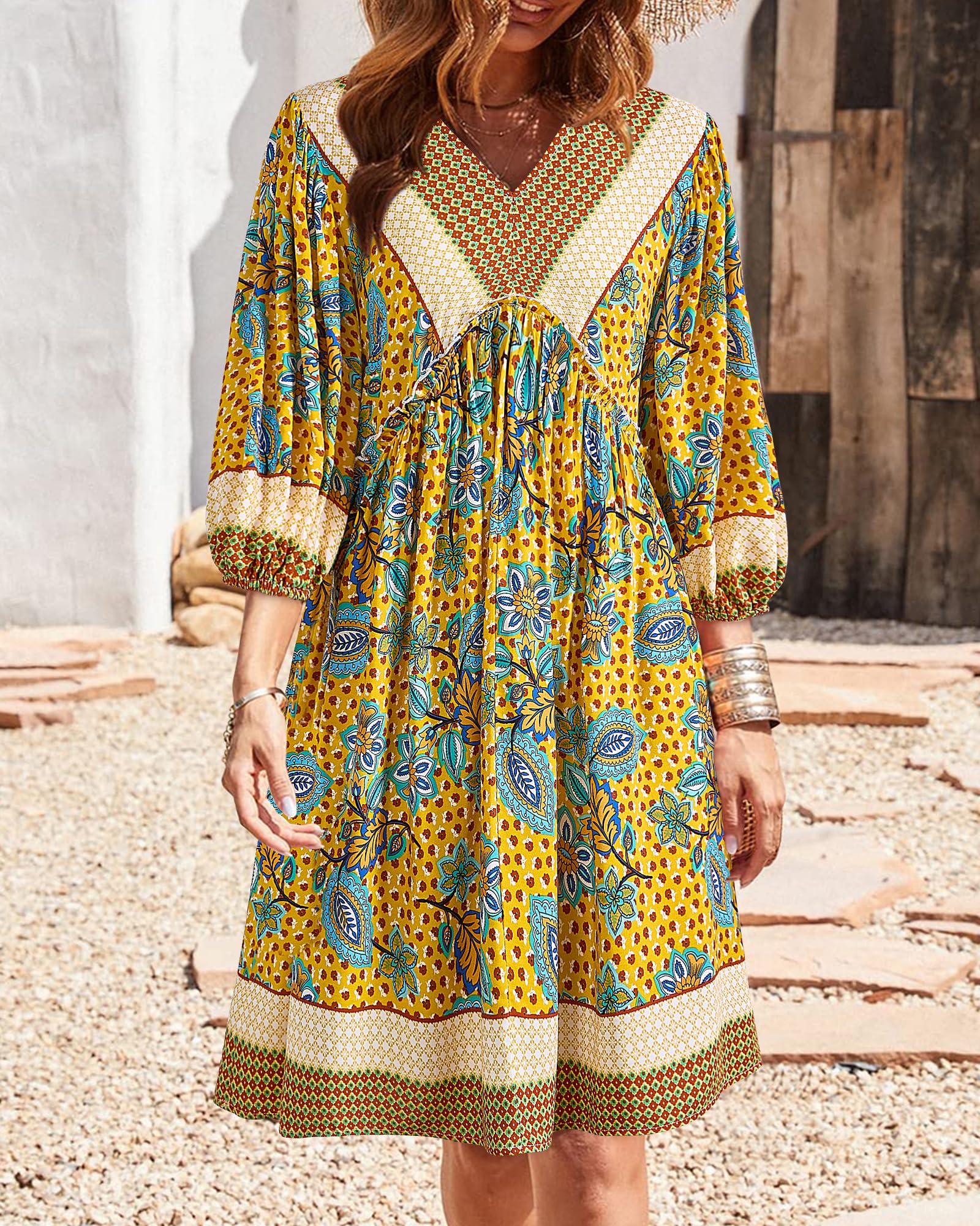 BTFBM Women Casual Spring Summer Dresses V Neck 3/4 Long Sleeve Ruffle Floral Flowy Boho Babydoll Mini Short Beach Dress