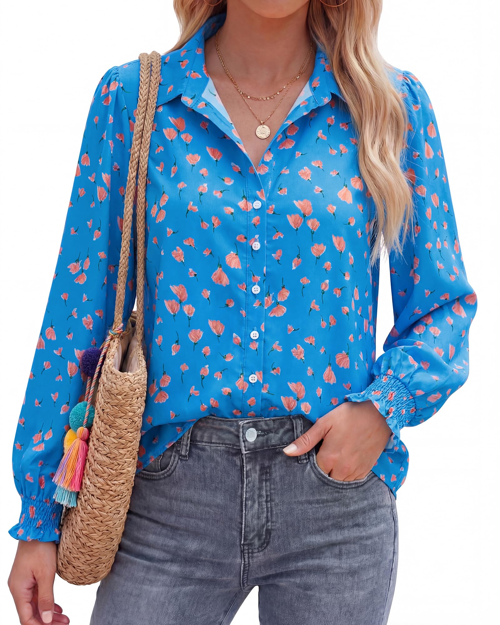 BTFBM Long Sleeve Blouses for Women, Floral V Neck Button Down Shirts, Smocked Cuffs, Business Casual Summer Outfits
