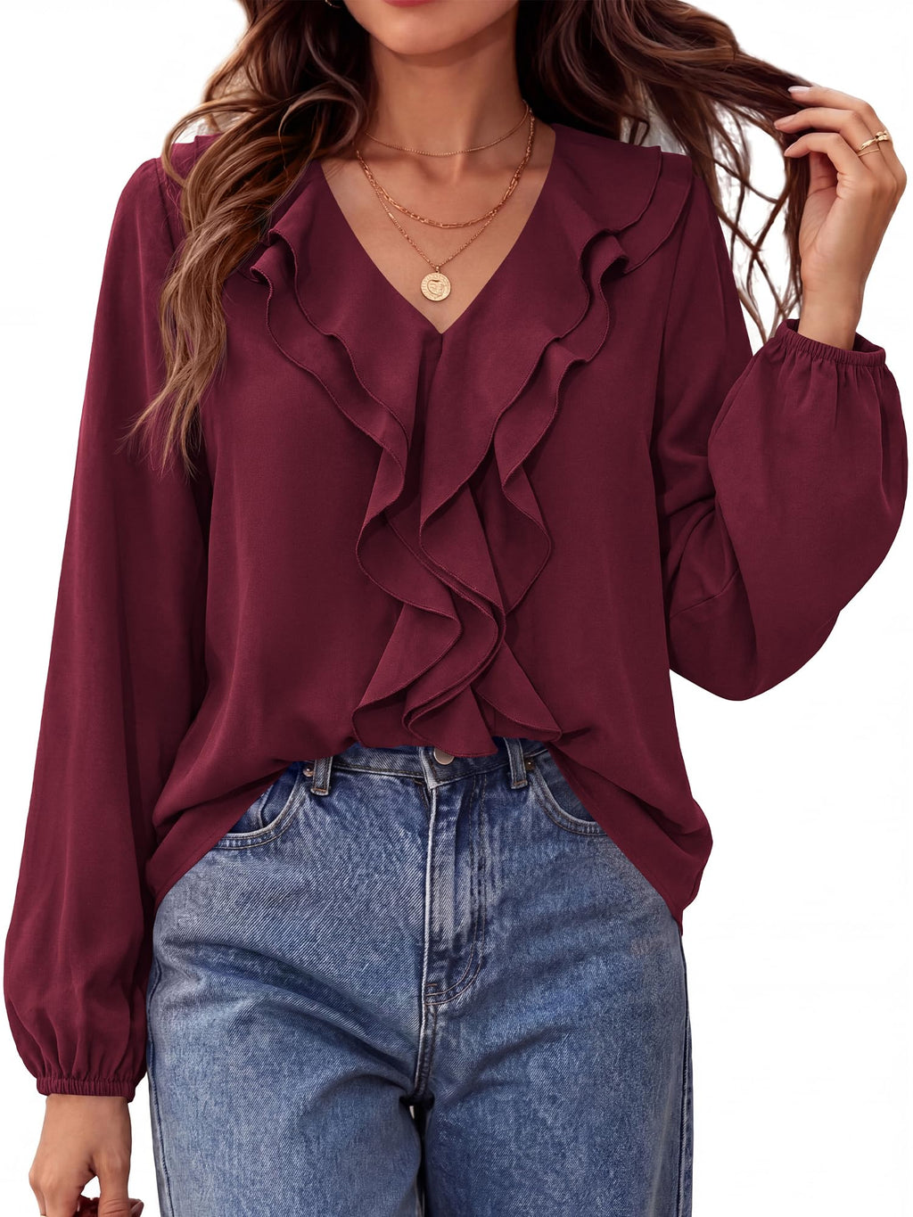 BTFBM Womens Fall Tops Ruffle Blouses Dressy Casual | Double Ruffled Collar V Neck Long Sleeve Shirts, Lightweight Fashion Clothing Trendy, Daily Business Office Work Clothes